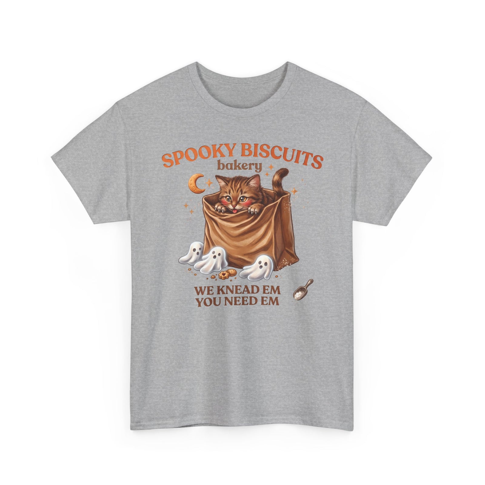 Spooky Biscuits Bakery Cute Tabby Cat T-Shirt — Whimsical Kneading Feline Tee