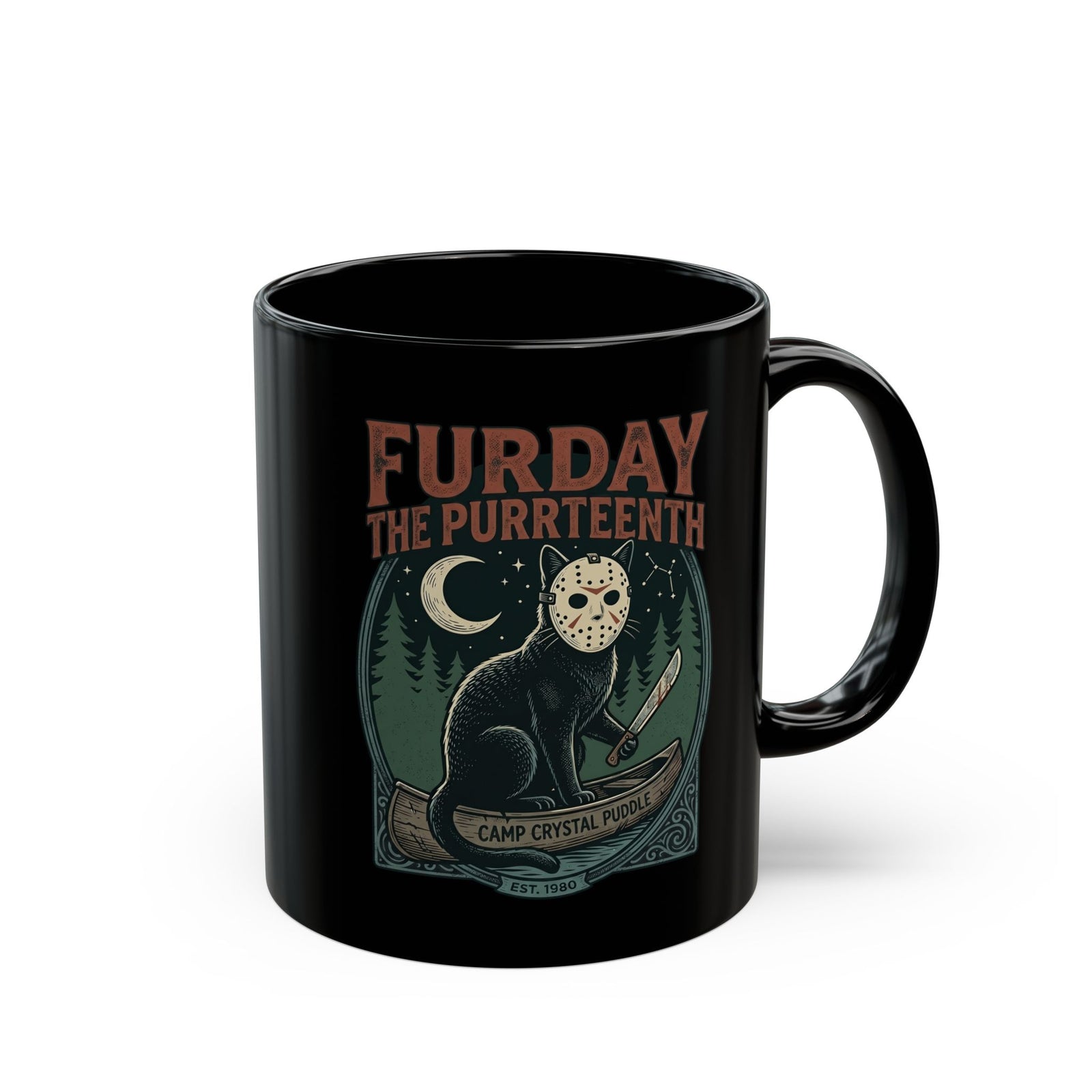 Horror Cat "Furday the Purrteenth" Black Mug