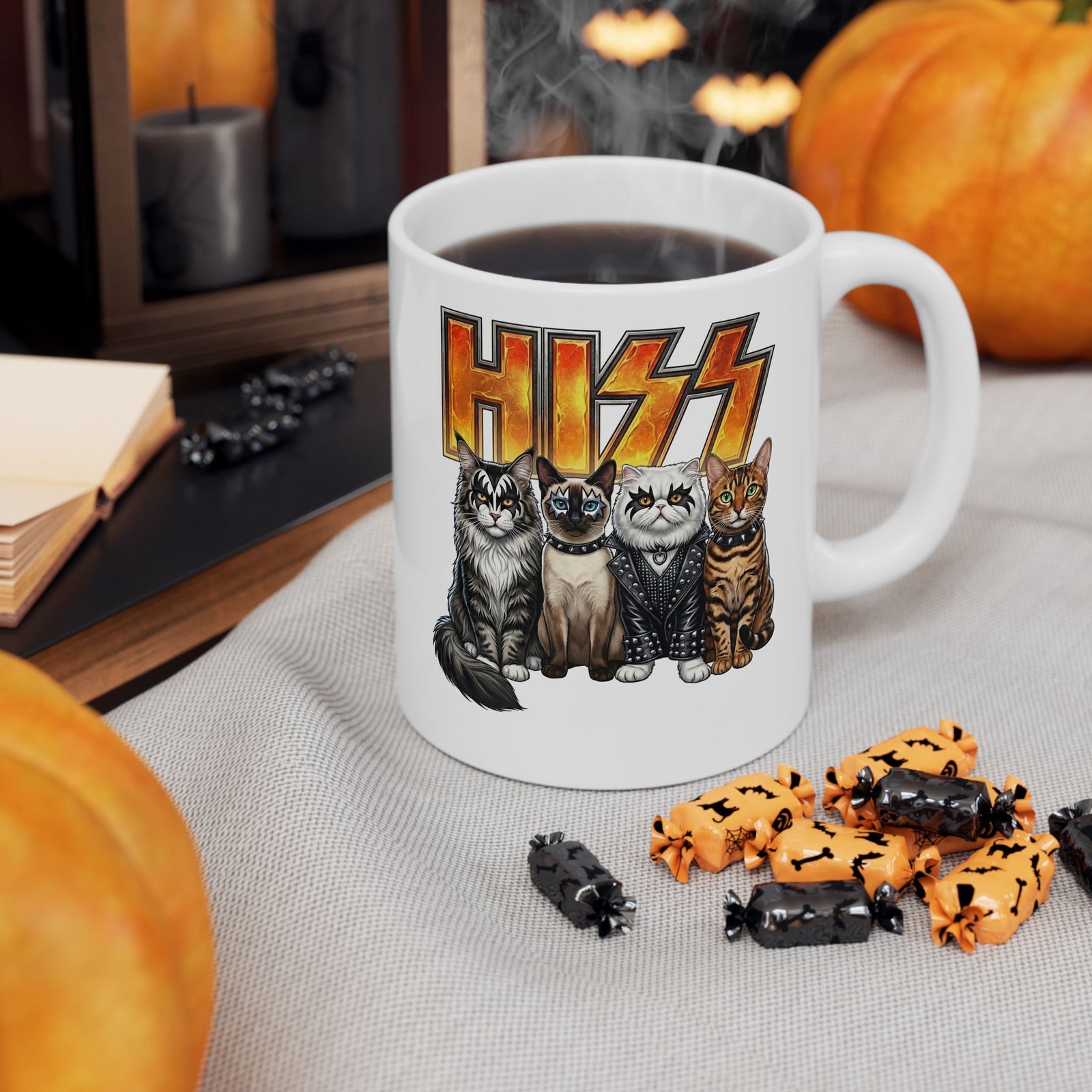 Heavy Metal Cat Hiss Ceramic Mug — Retro Rock Cat Graphic Mug