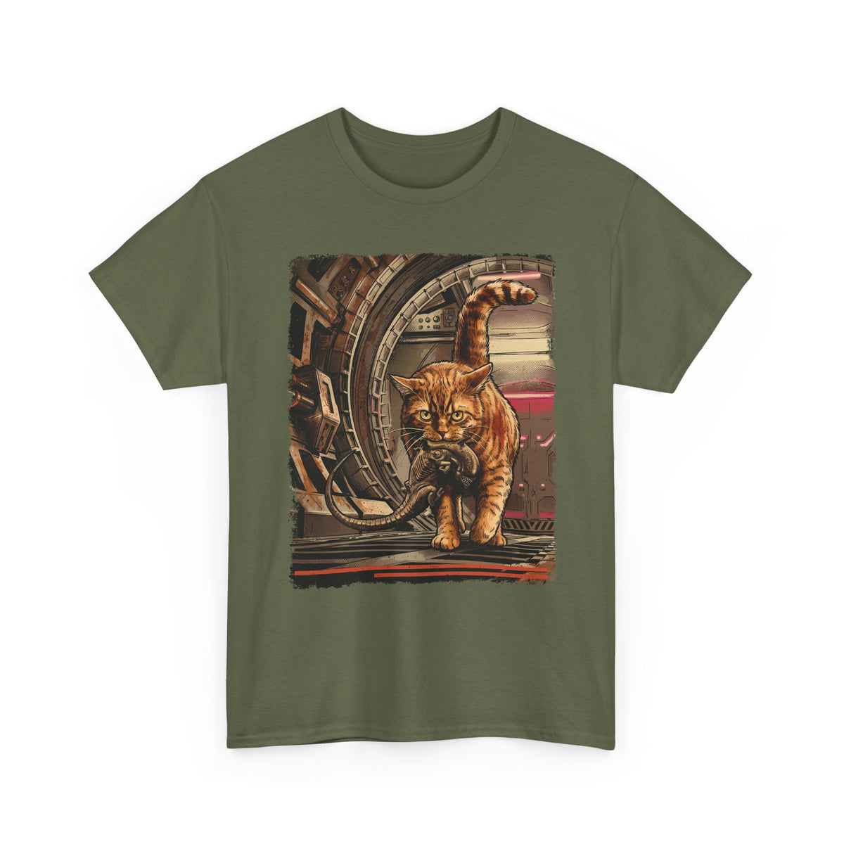 Sci-Fi Pest Control Cat T-Shirt — Alien Hunter Orange Tabby Graphic