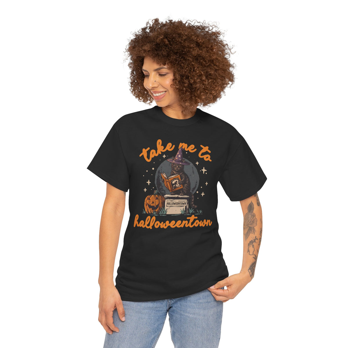 Take Me To Halloweentown Black Cat T-Shirt — Witchy Spellbook Kitten Tee
