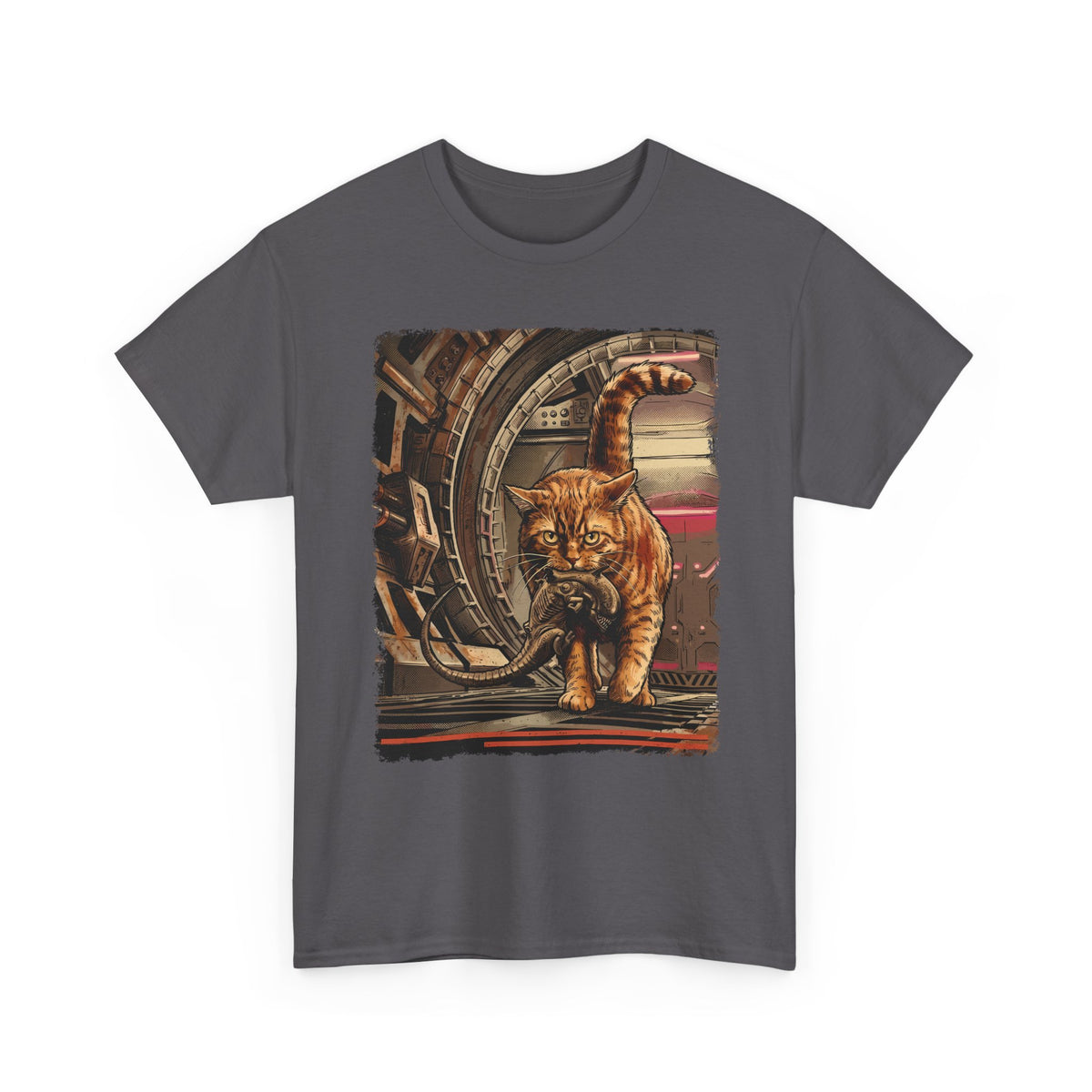 Sci-Fi Pest Control Cat T-Shirt — Alien Hunter Orange Tabby Graphic
