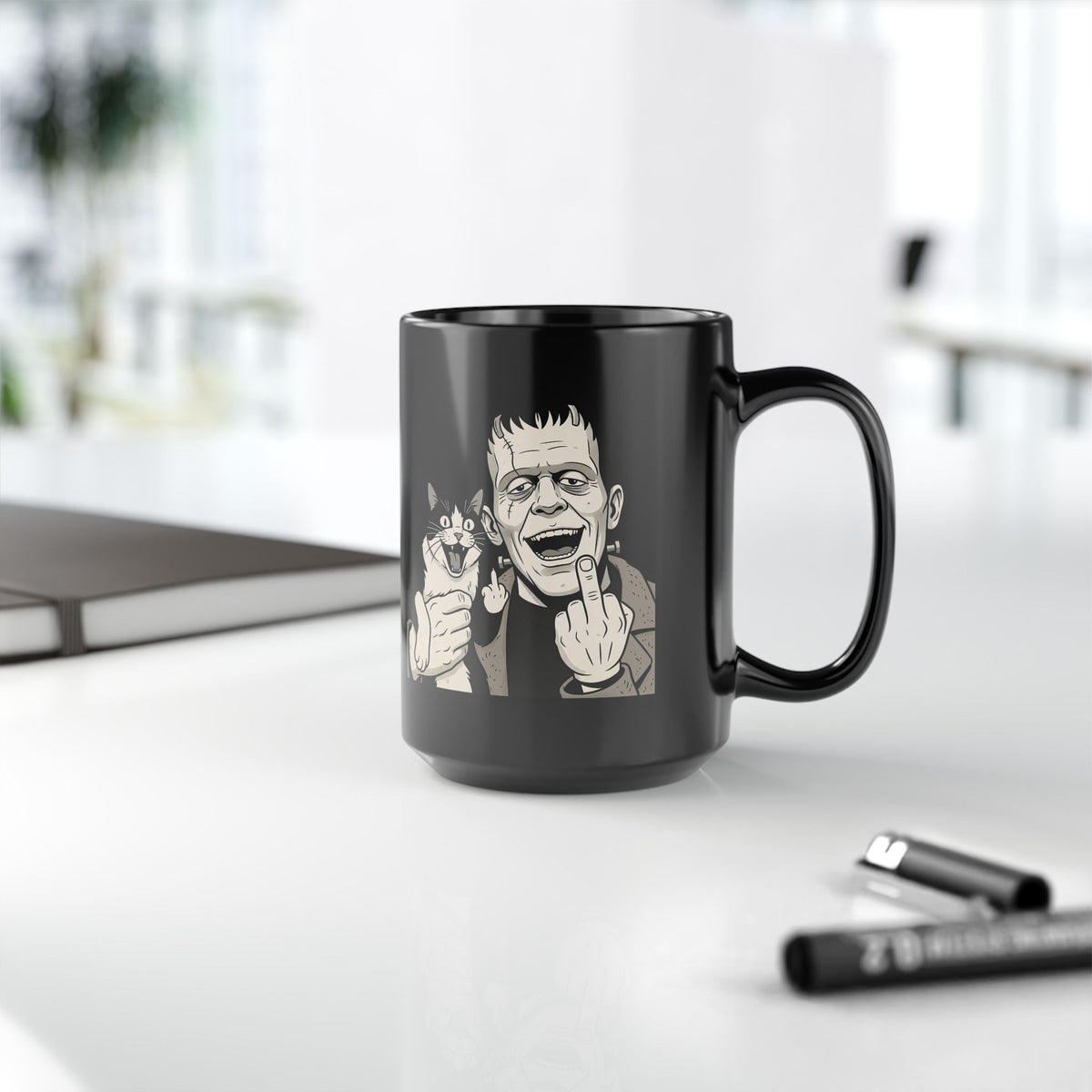 Frankenstein Cat T‑Mug — Cute Spooky Cat & Frankenstein Design