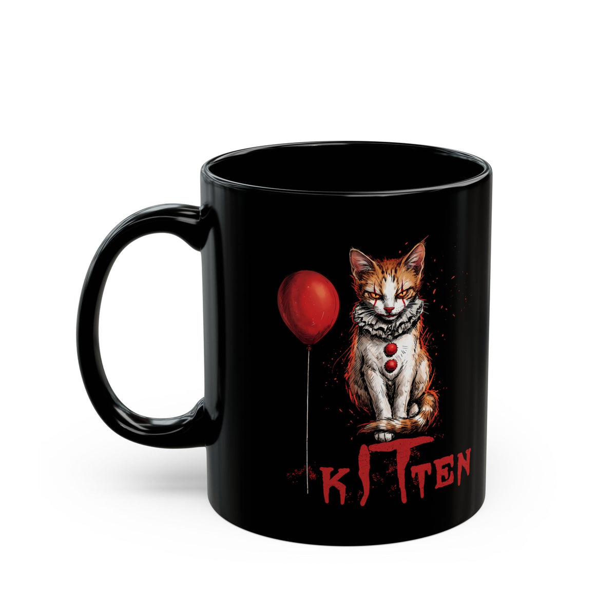 KITTEN Horror Clown Black Mug — Spooky Orange Tabby Clown Cosplay Drinkware