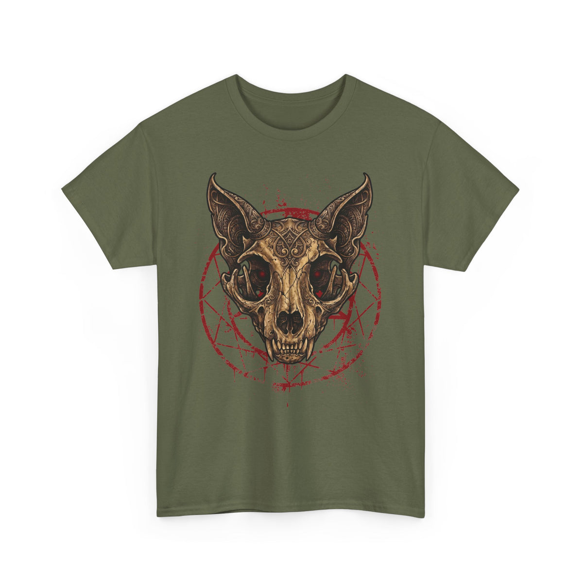 Gothic Ornate Cat Skull Red Pentagram Shirt — Dark Occult Feline T-Shirt