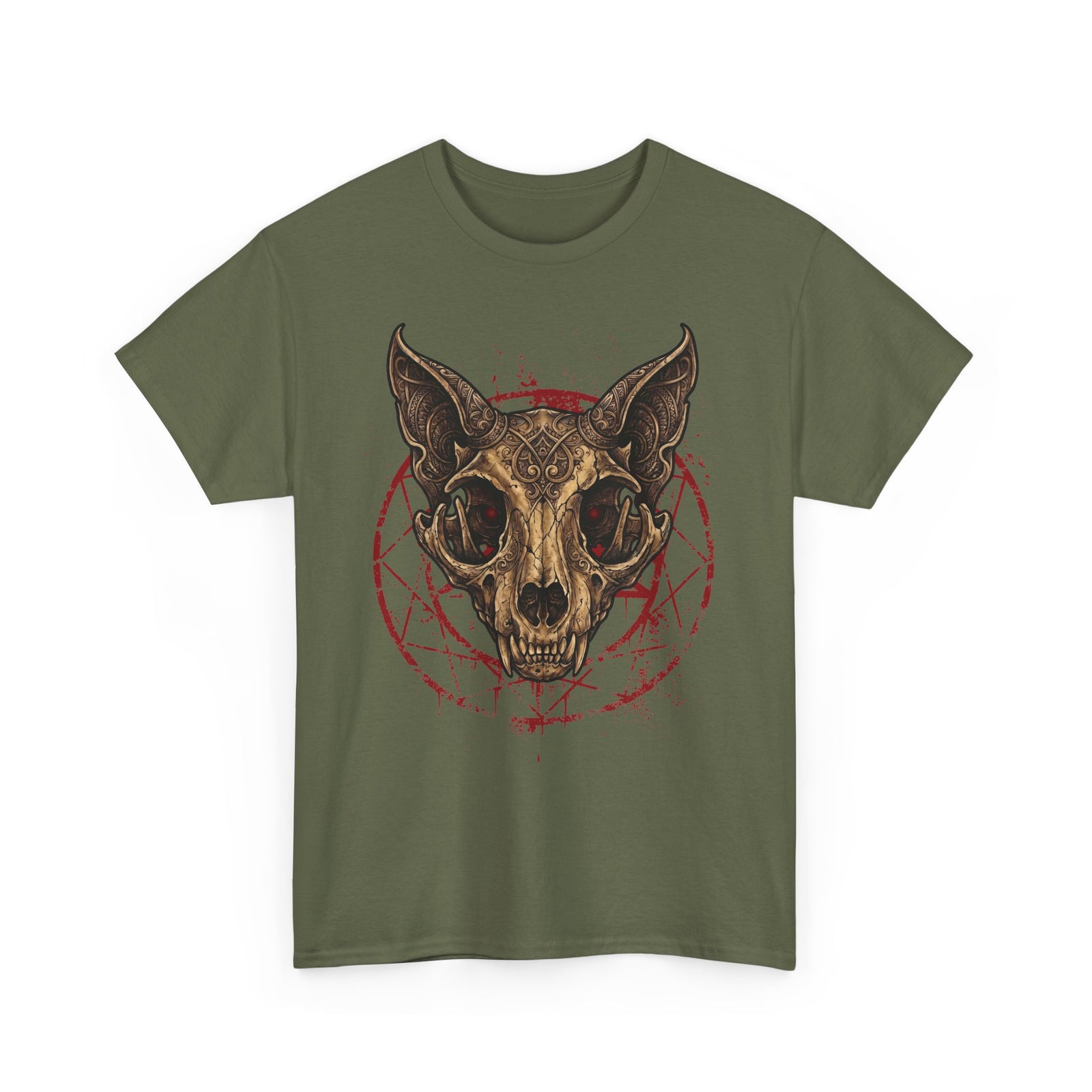 Gothic Ornate Cat Skull Red Pentagram Shirt — Dark Occult Feline T-Shirt