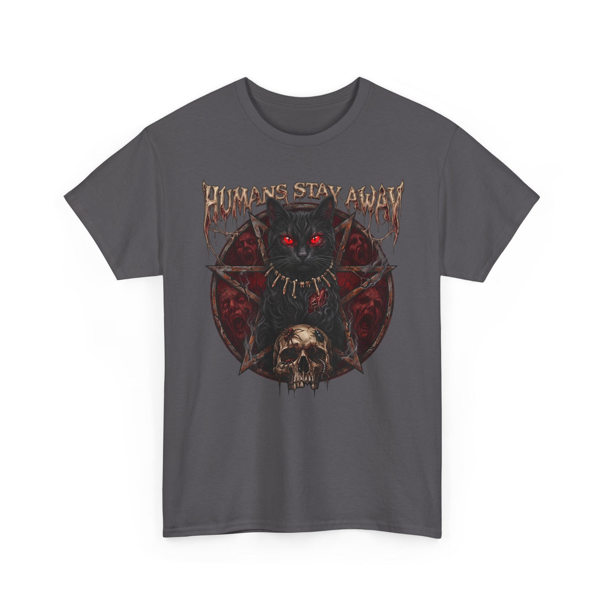 Humans Stay Away Occult Black Cat Shirt — Heavy Metal Pentagram T-Shirt