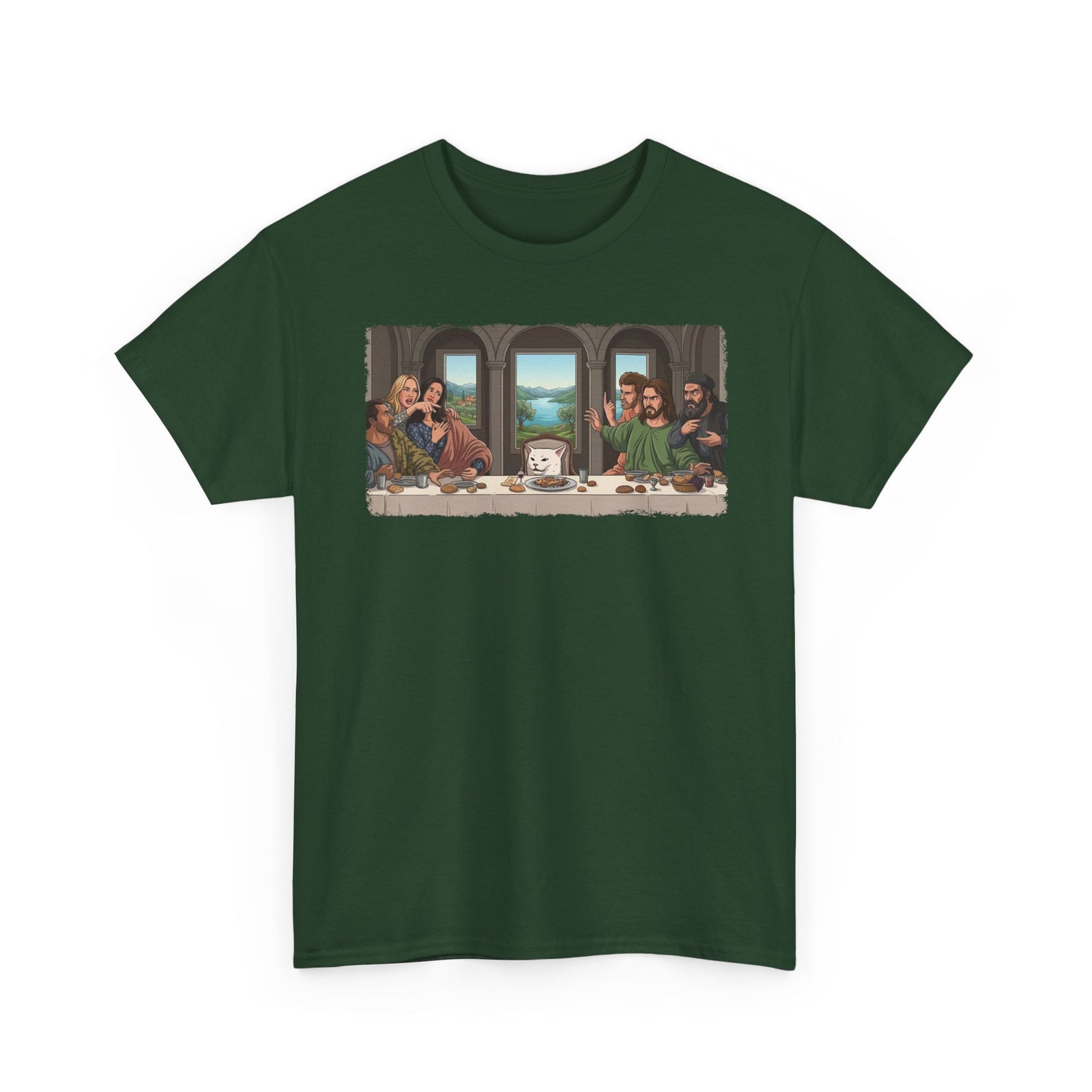 Last Supper x Woman Yelling at Cat Tee — Funny Religious Art Mashup T-Shirt