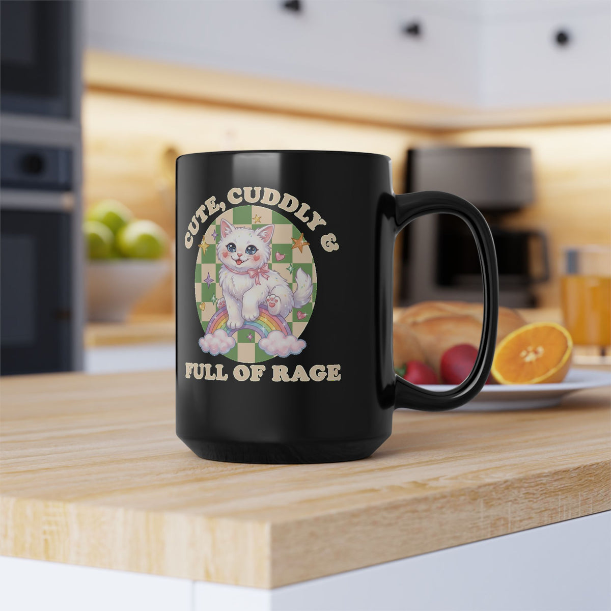 Cute Cuddly & Full of Rage Black Mug — Funny Kawaii Kitten Graphic Mug