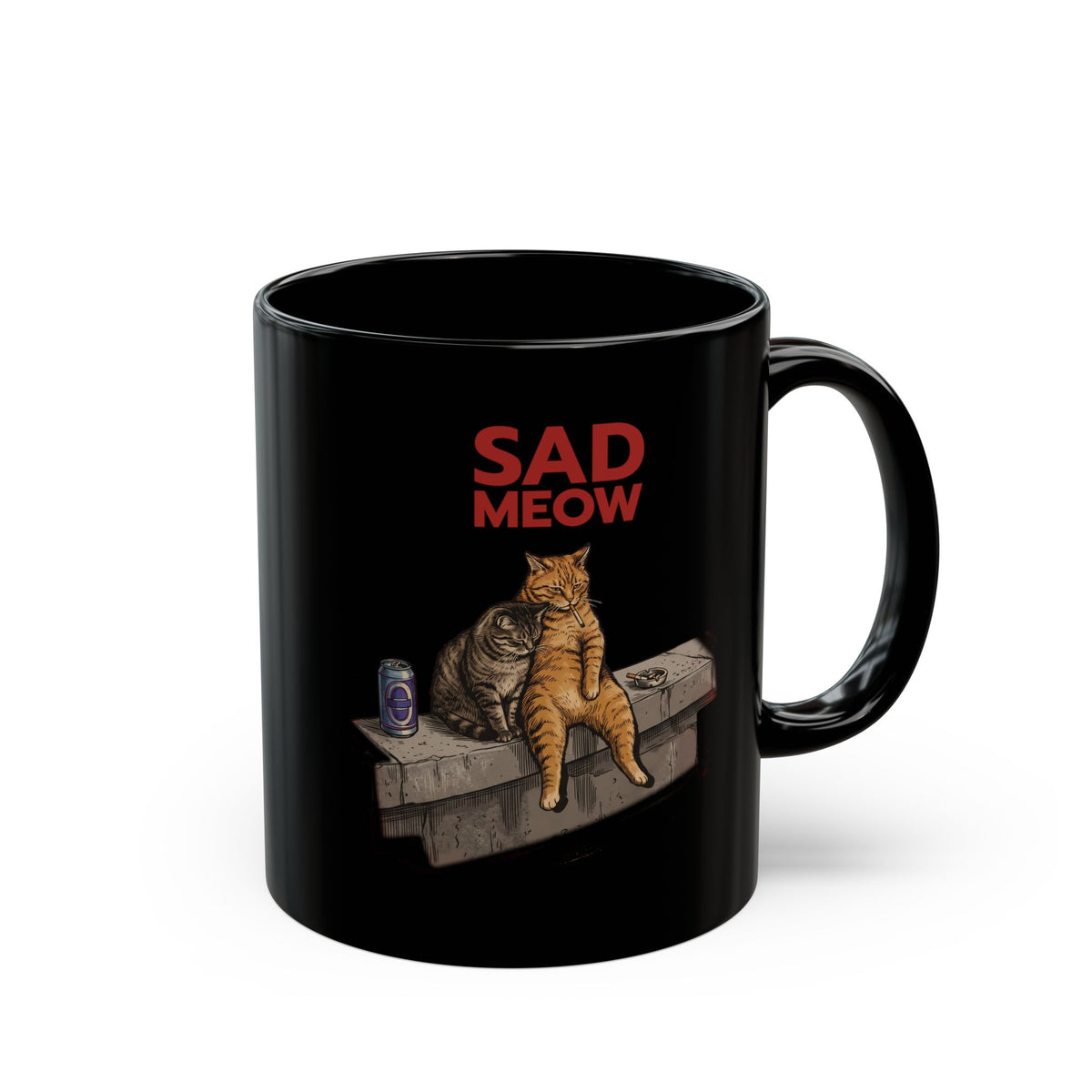 Sad Meow Black Mug — Funny Depressed Smoking Cats Graphic Mug
