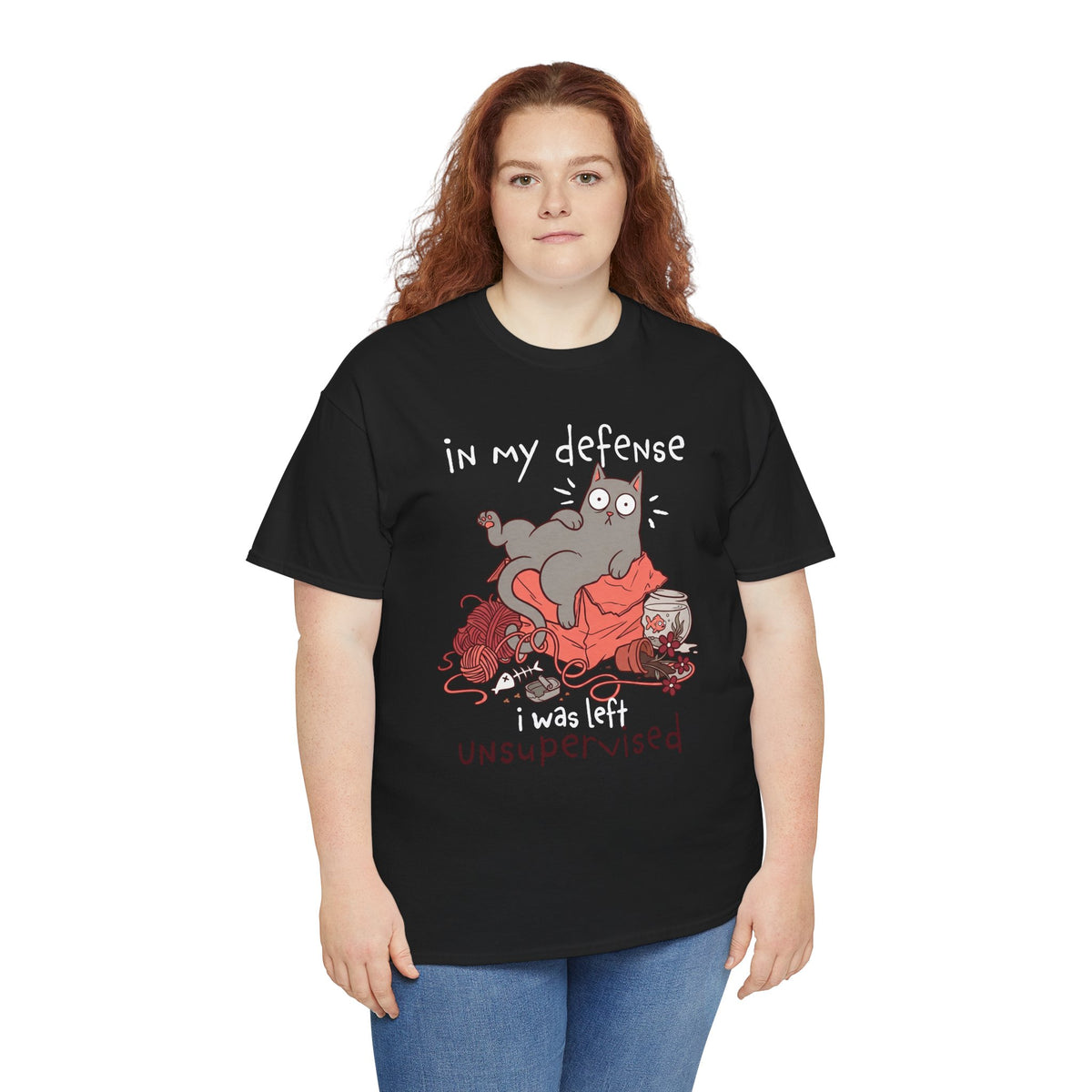 Cute Messy Cat T-Shirt — "In My Defense, I Was Left Unsupervised" Cat Tee