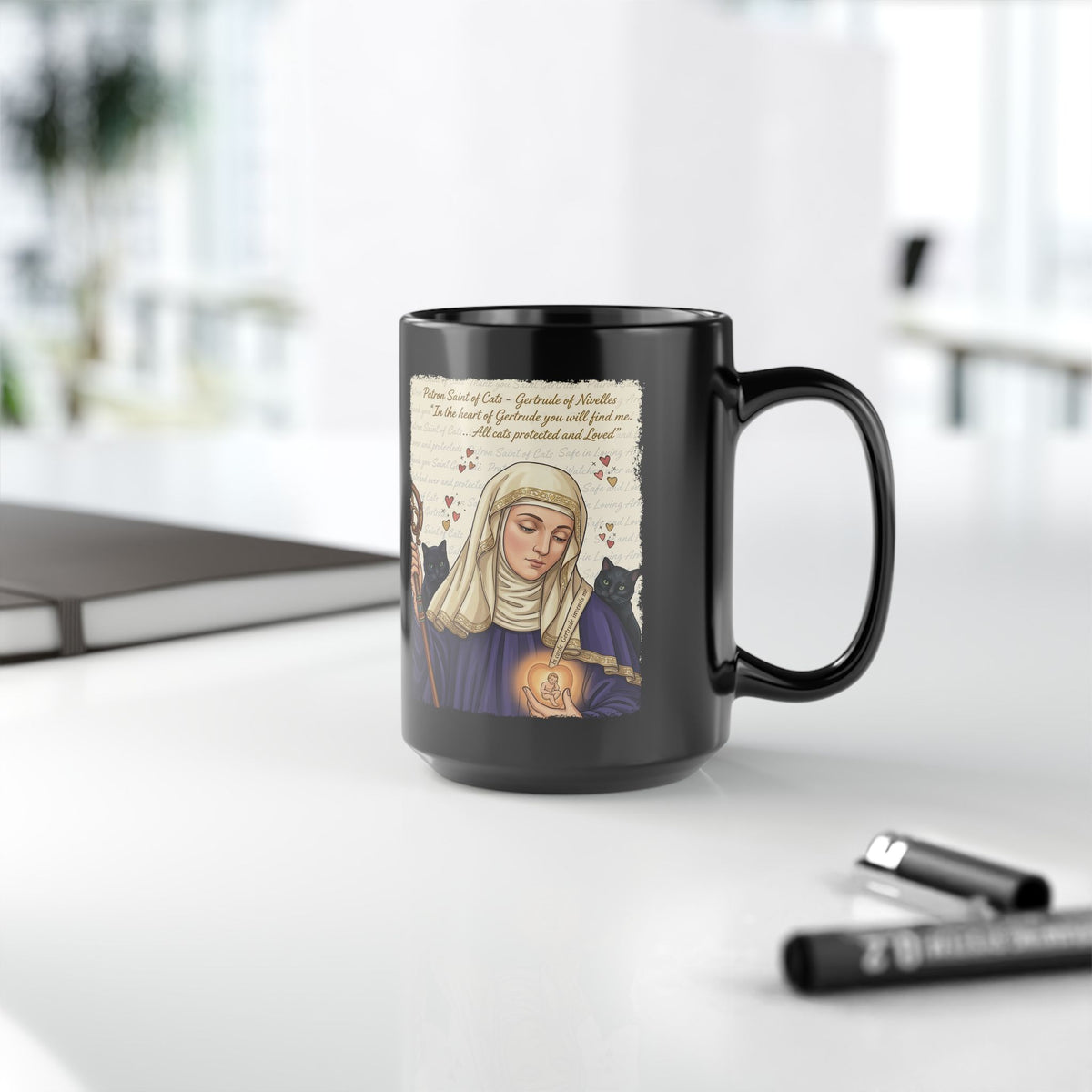 Gertrude of Nivelles "All Cats Protected and Loved" Black Mug