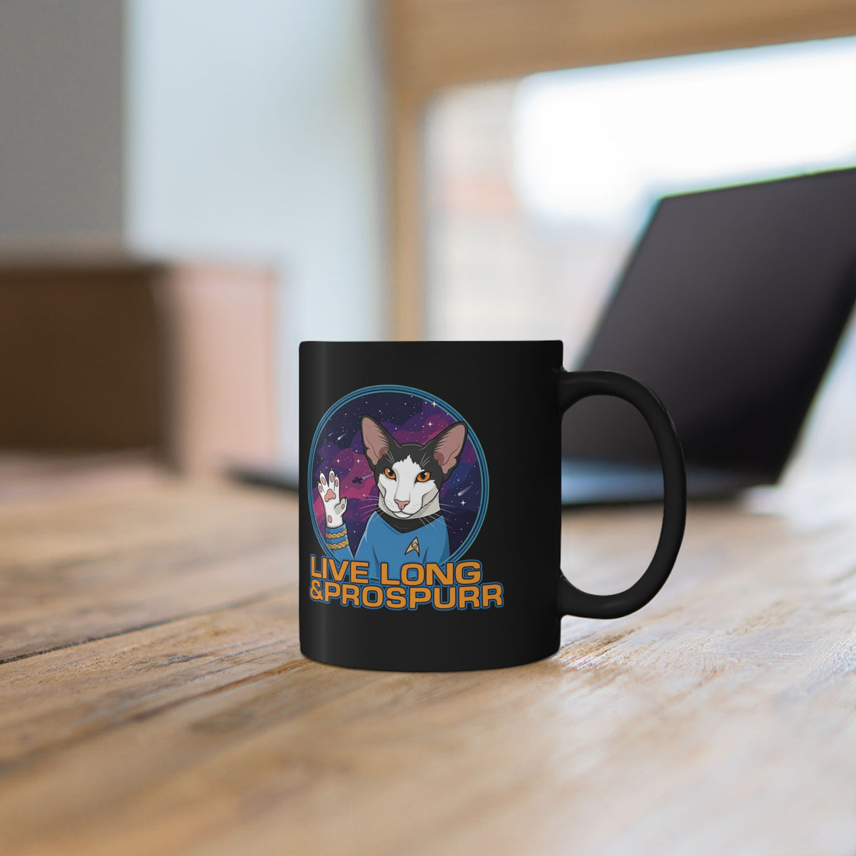 Sci‑Fi Cat 'Live Long Prospurr' Black Mug