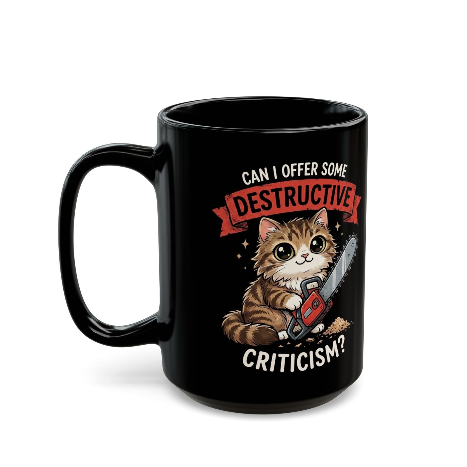 Funny Chainsaw Cat Black Mug Graphic Cat with Chainsaw Mug