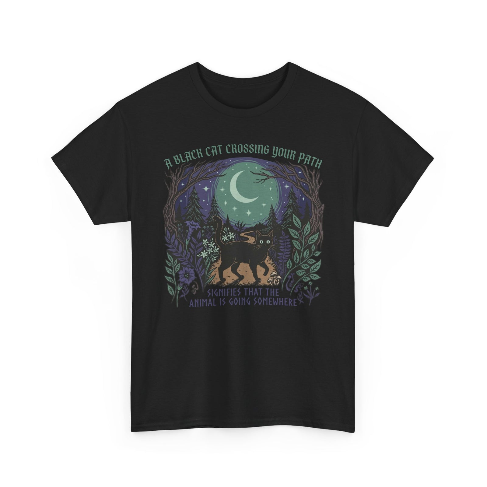 Black Cat Crossing Your Path Tee — Whimsical Moonlit Forest Cat Shirt