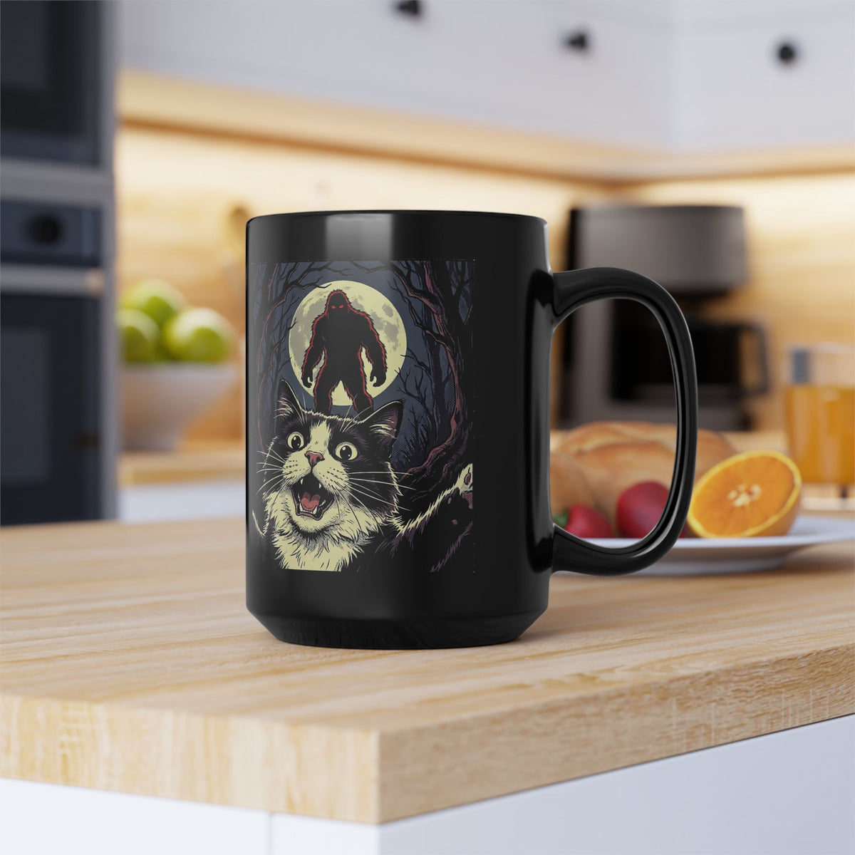 Cat Selfie with Bigfoot Black Mug