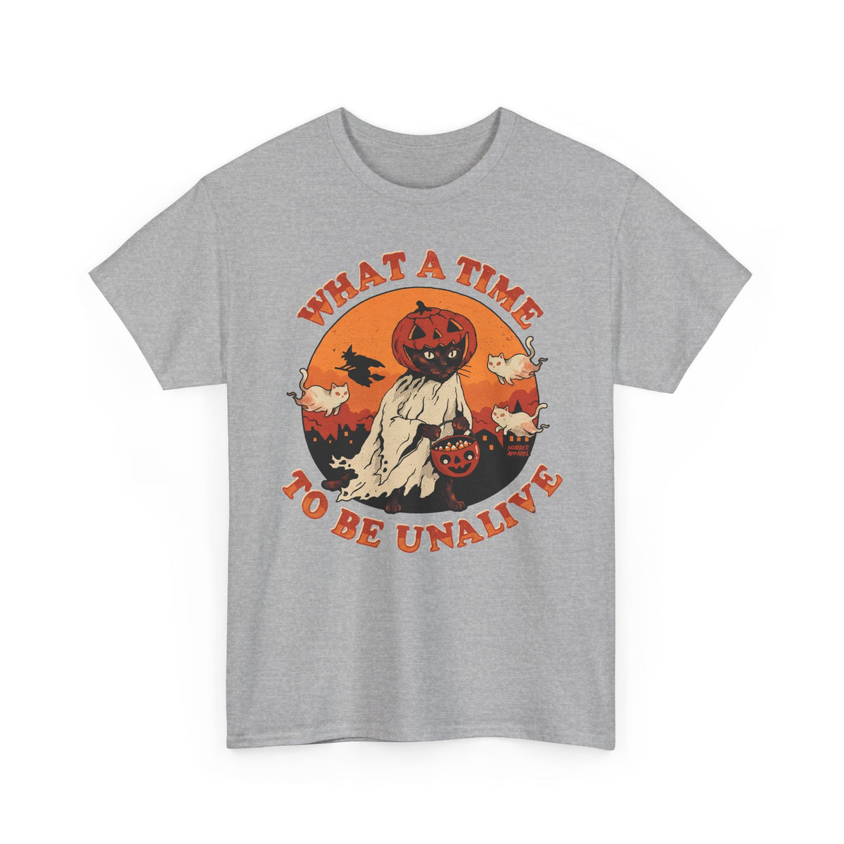 What A Time To Be Unalive Black Cat Ghost Sheet Shirt — Retro Halloween T-Shirt