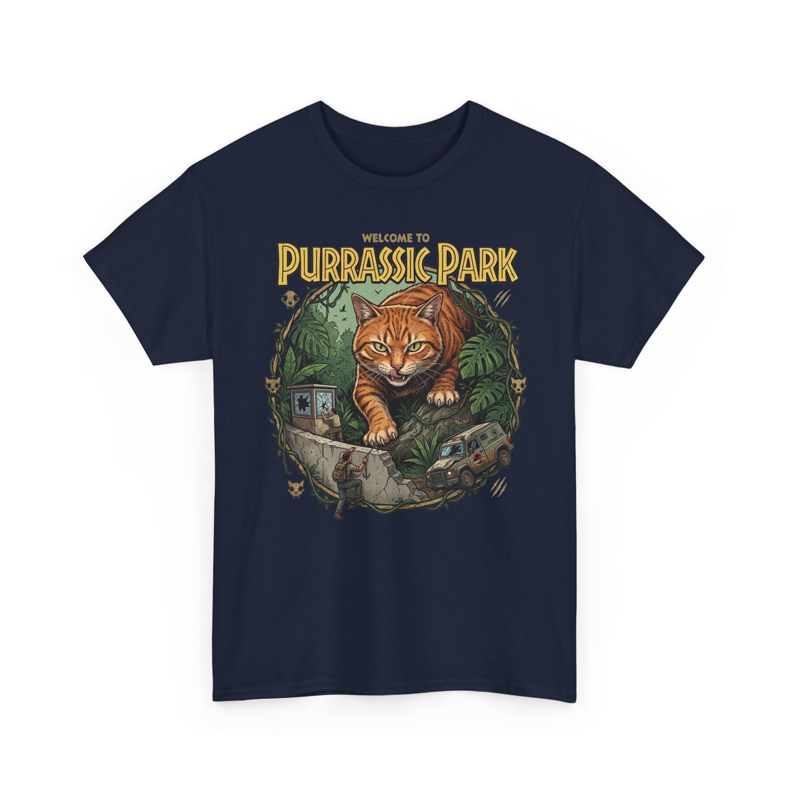 Purrassic Park Cat T‑Shirt — Retro Dino-Parody Graphic Tee