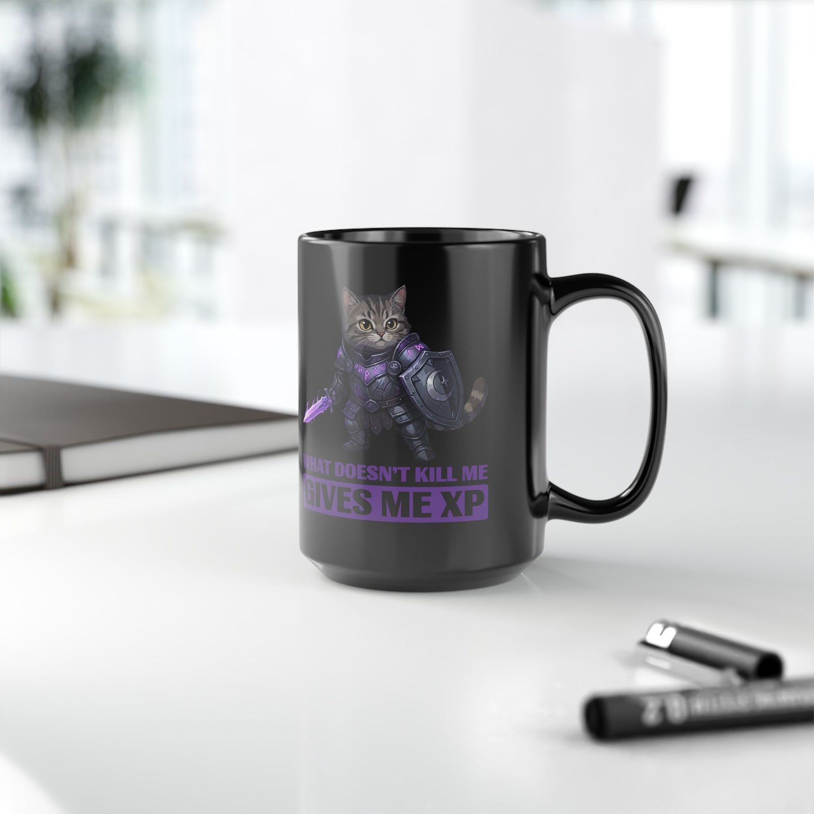 What Doesn't Kill Me Gives Me XP Cat Black Mug