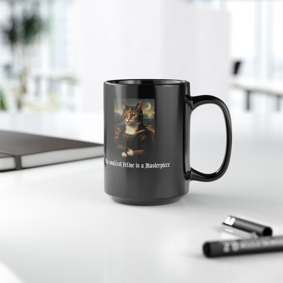 Funny Cat Black Mug — "The Smallest Feline Is a Masterpiece"