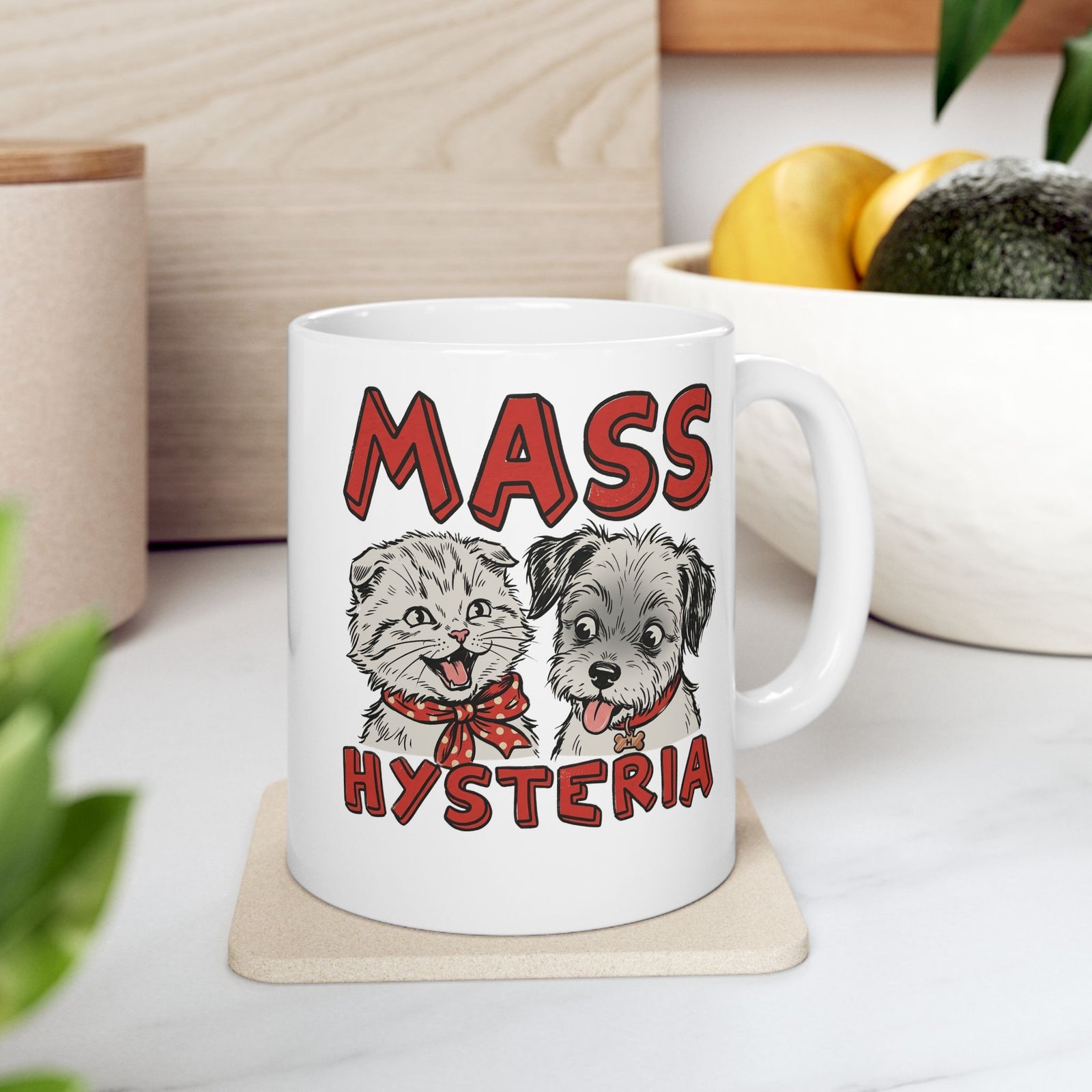 Cat & Dog Mass Hysteria Mug Funny Puppy & Kitten Line Art Ceramic Mug