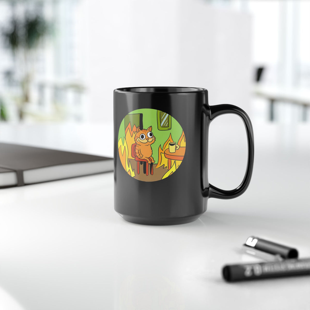 This Is Fine Orange Cat Black Mug — Funny Meme Parody Feline Graphic Mug