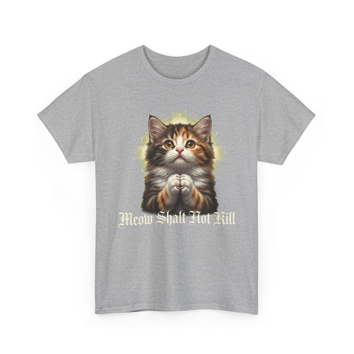Praying Kitten T‑Shirt — "Meow Shalt Not Kill" Cute Vintage Cat Tee