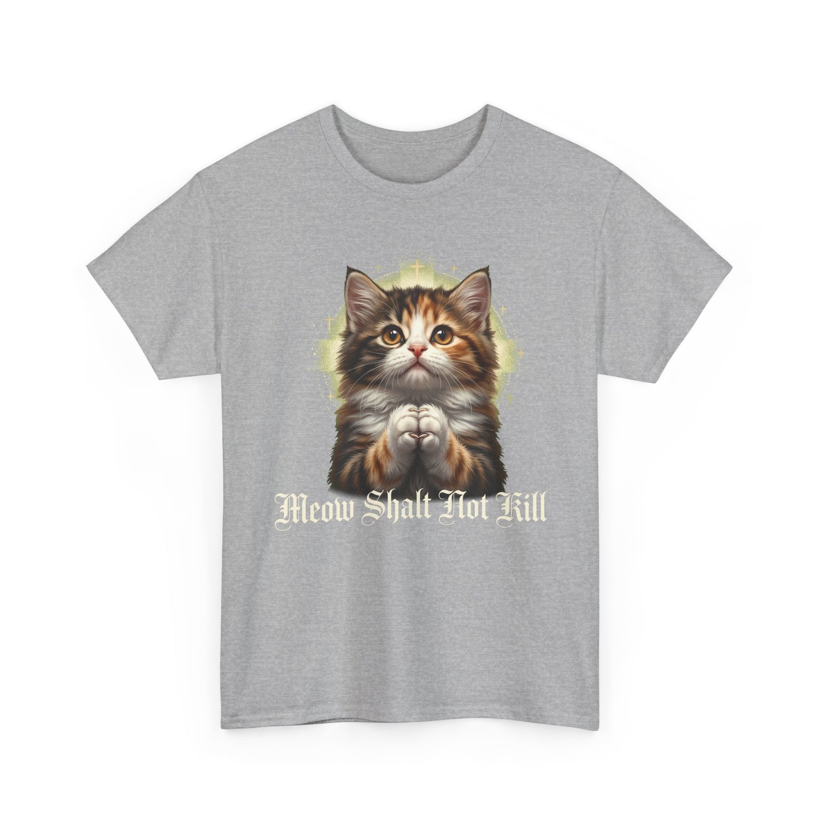 Praying Kitten T‑Shirt — "Meow Shalt Not Kill" Cute Vintage Cat Tee