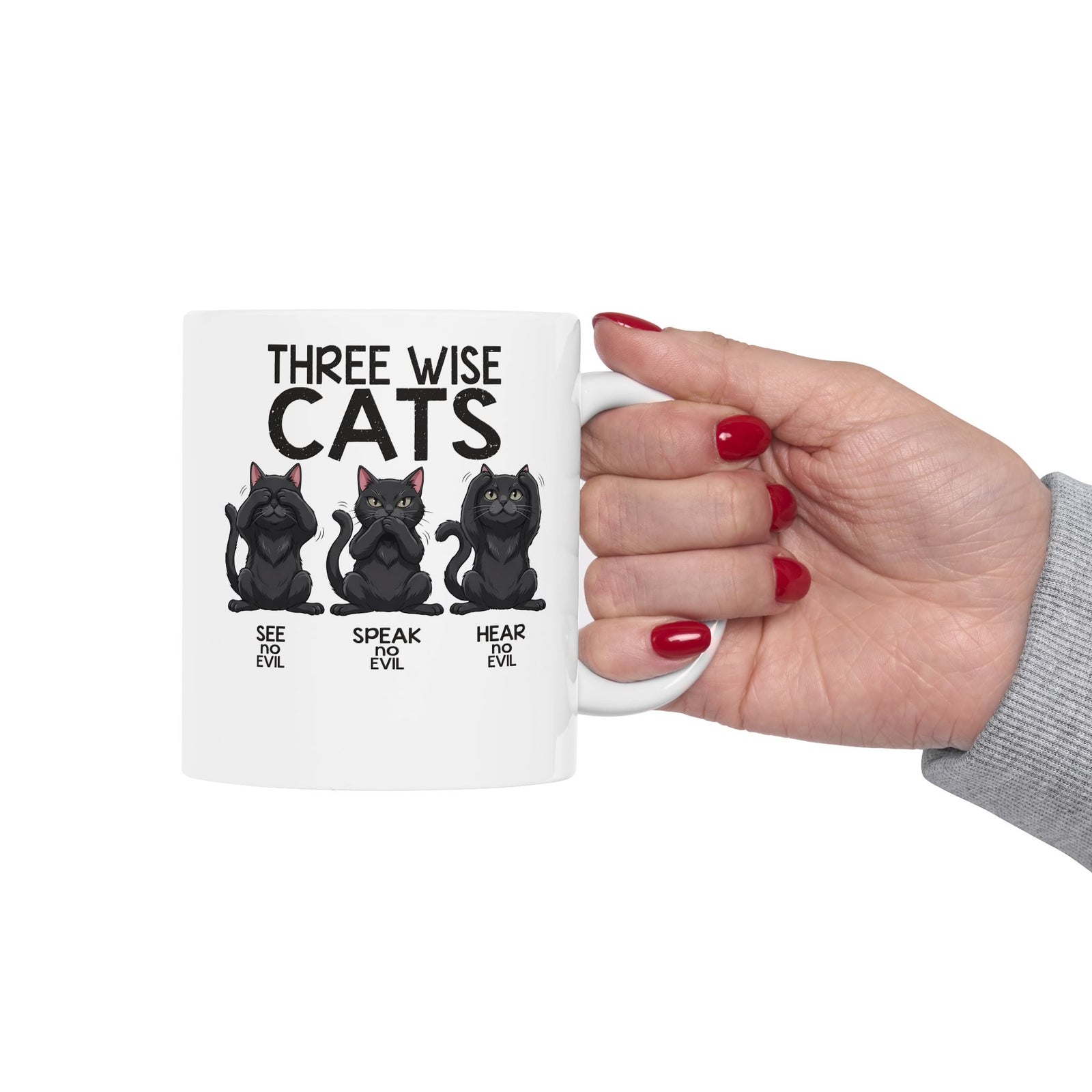 Three Wise Cats Ceramic Mug — See Speak Hear No Evil Black Cat Graphic