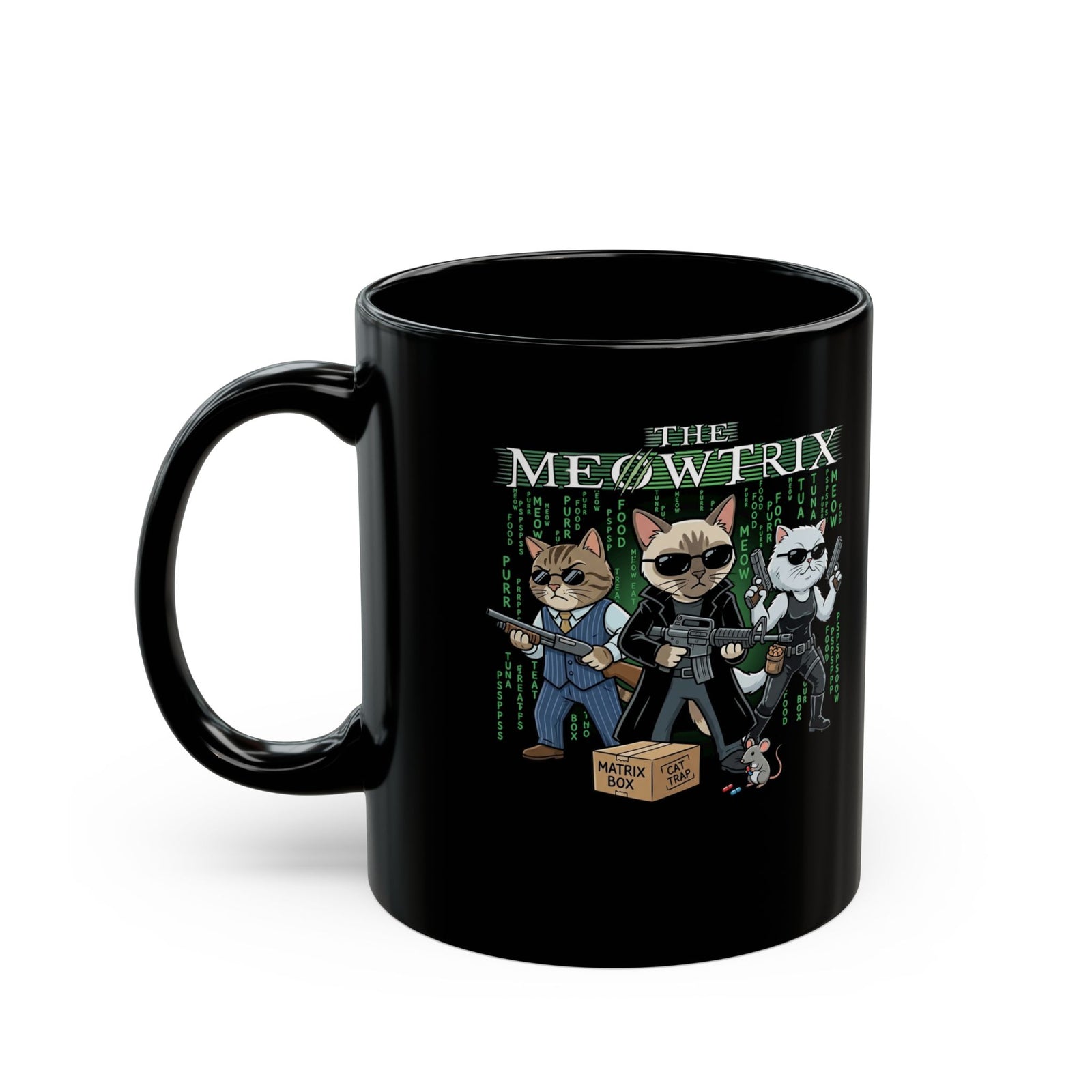 The Meowtrix Cat Movie Parody Black Mug