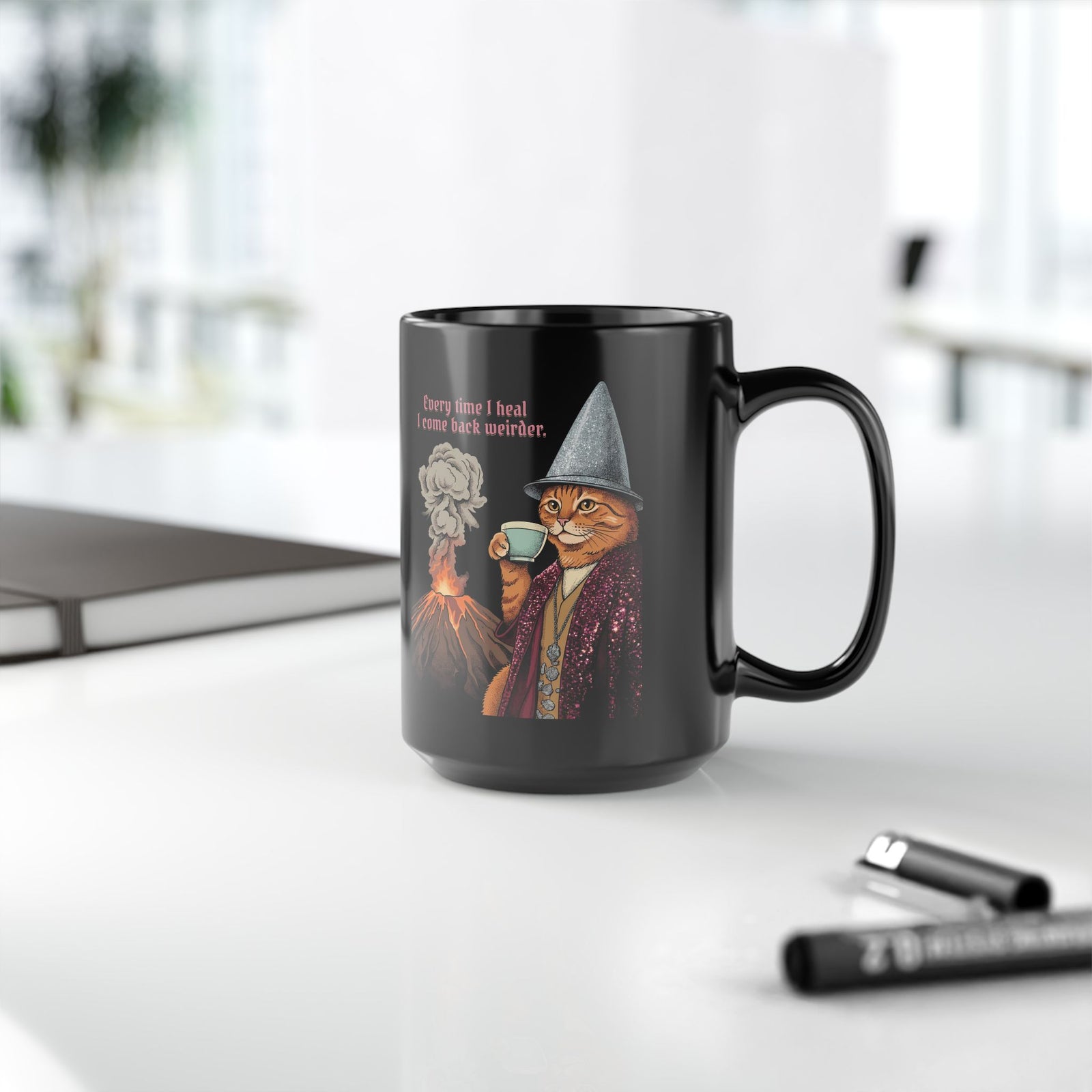 Weird Healing Journey Cat Black Mug — Retro Feline Tea Time Aesthetic Mug