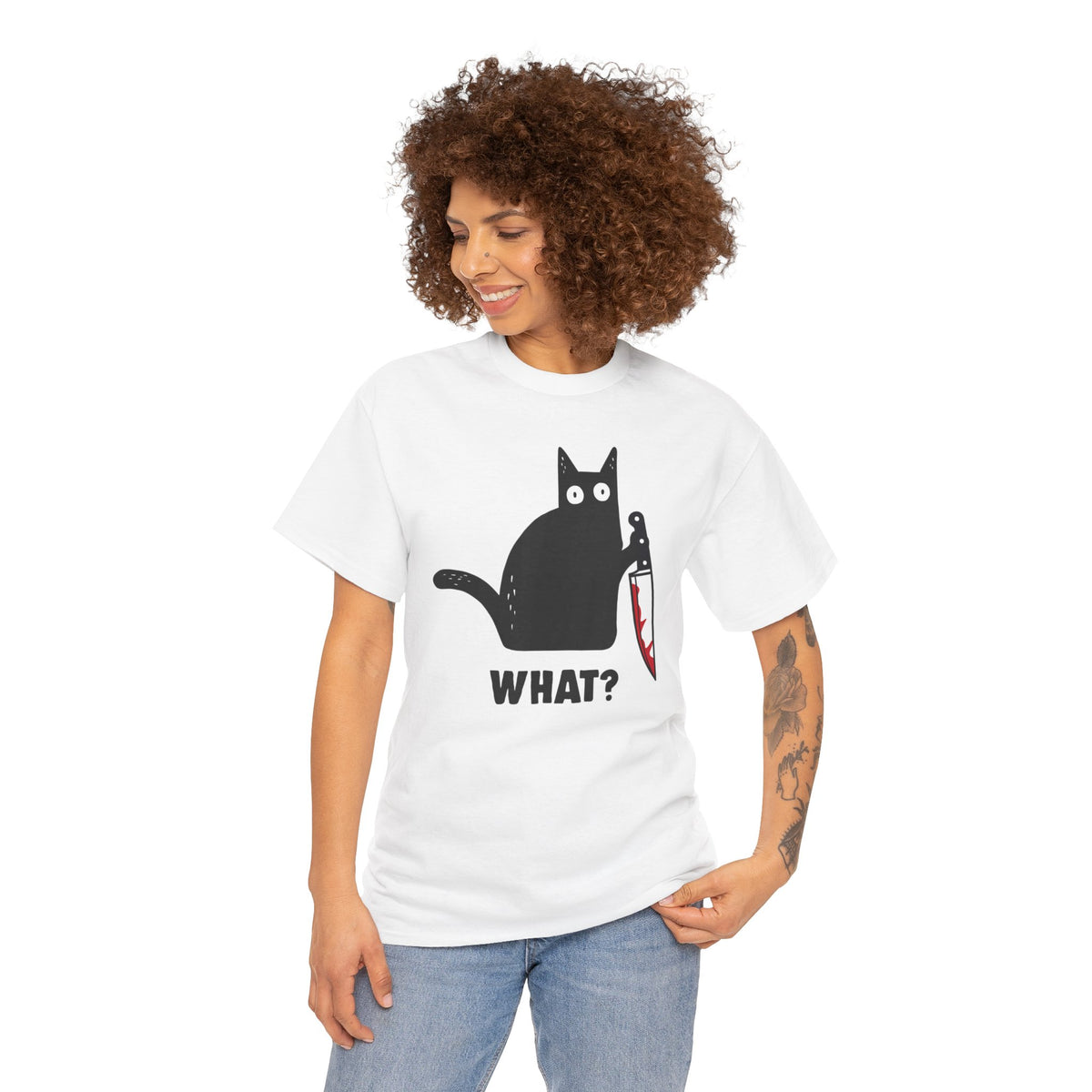 "WHAT?" Cat Funny Horror T‑Shirt