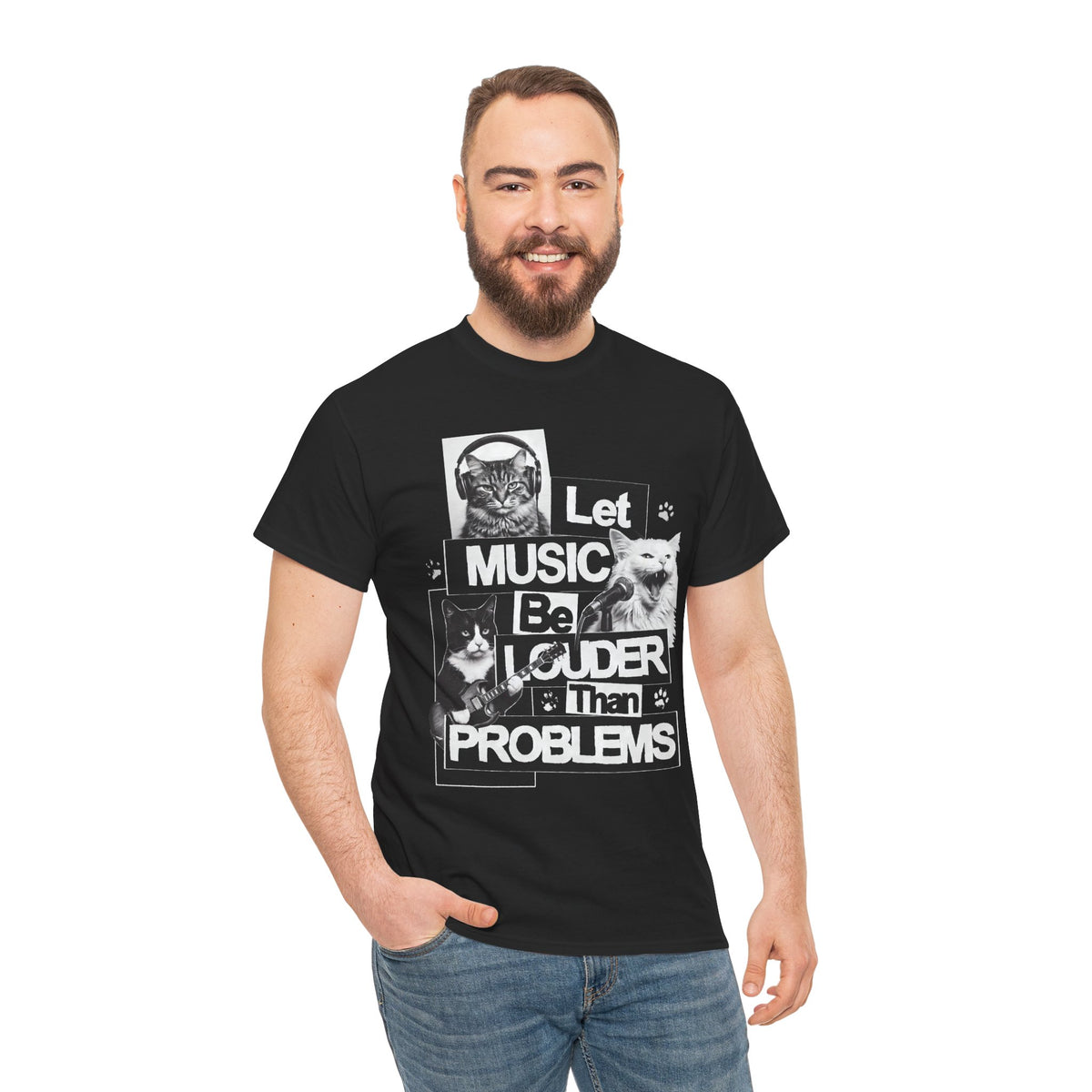 Let Music Be Louder Than Problems T-Shirt — Funny Grunge Rock Cat Band Tee