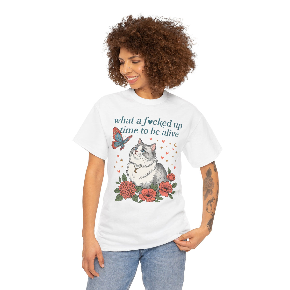 Retro Cat Tee — "What a Fucked Up Time to Be Alive" Graphic