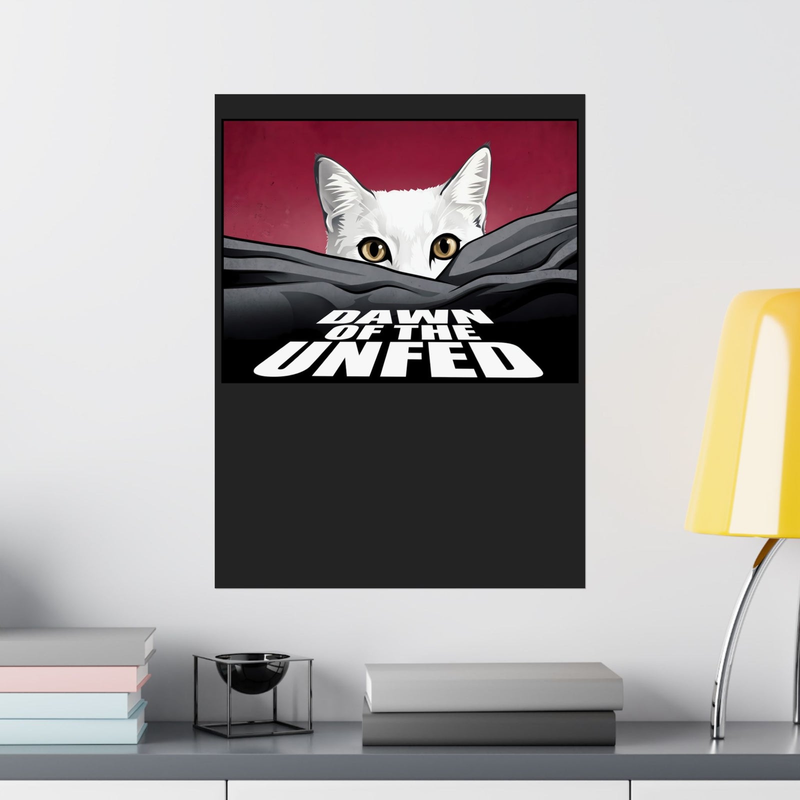 Dawn of the Unfed Poster — Funny White Cat Horror Movie Parody Poster