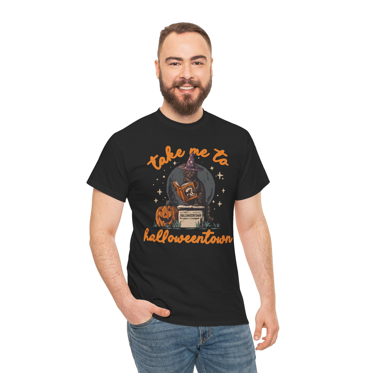 Take Me To Halloweentown Black Cat T-Shirt — Witchy Spellbook Kitten Tee