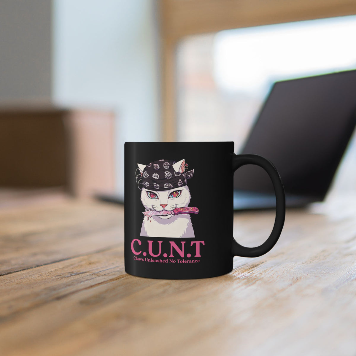 C.U.N.T Acronym Cat Black Mug — Sassy Feline Rebellious Streetwear