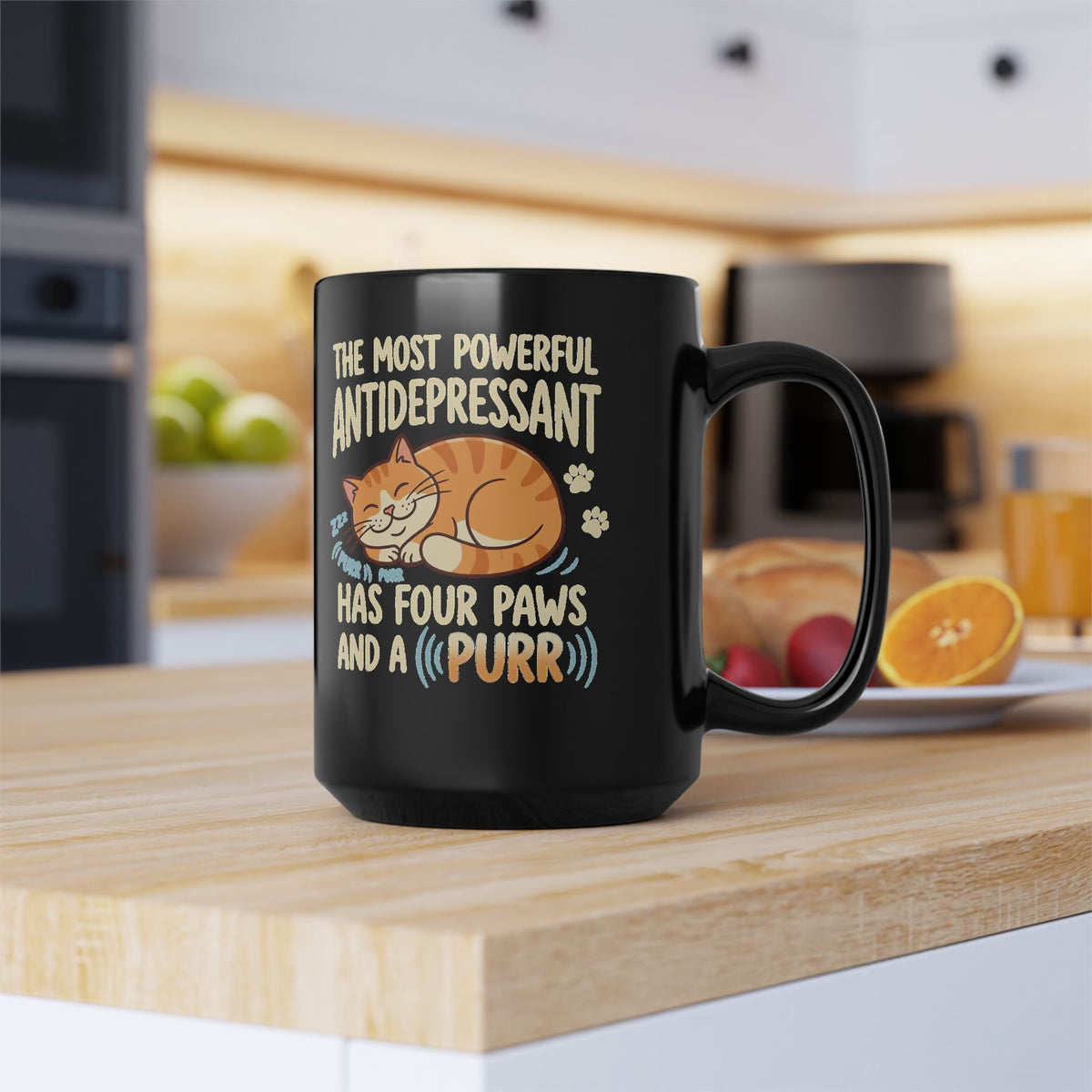 Cat Lover Black Mug — “The Most Powerful Antidepressant Has Four Paws and a Purr”