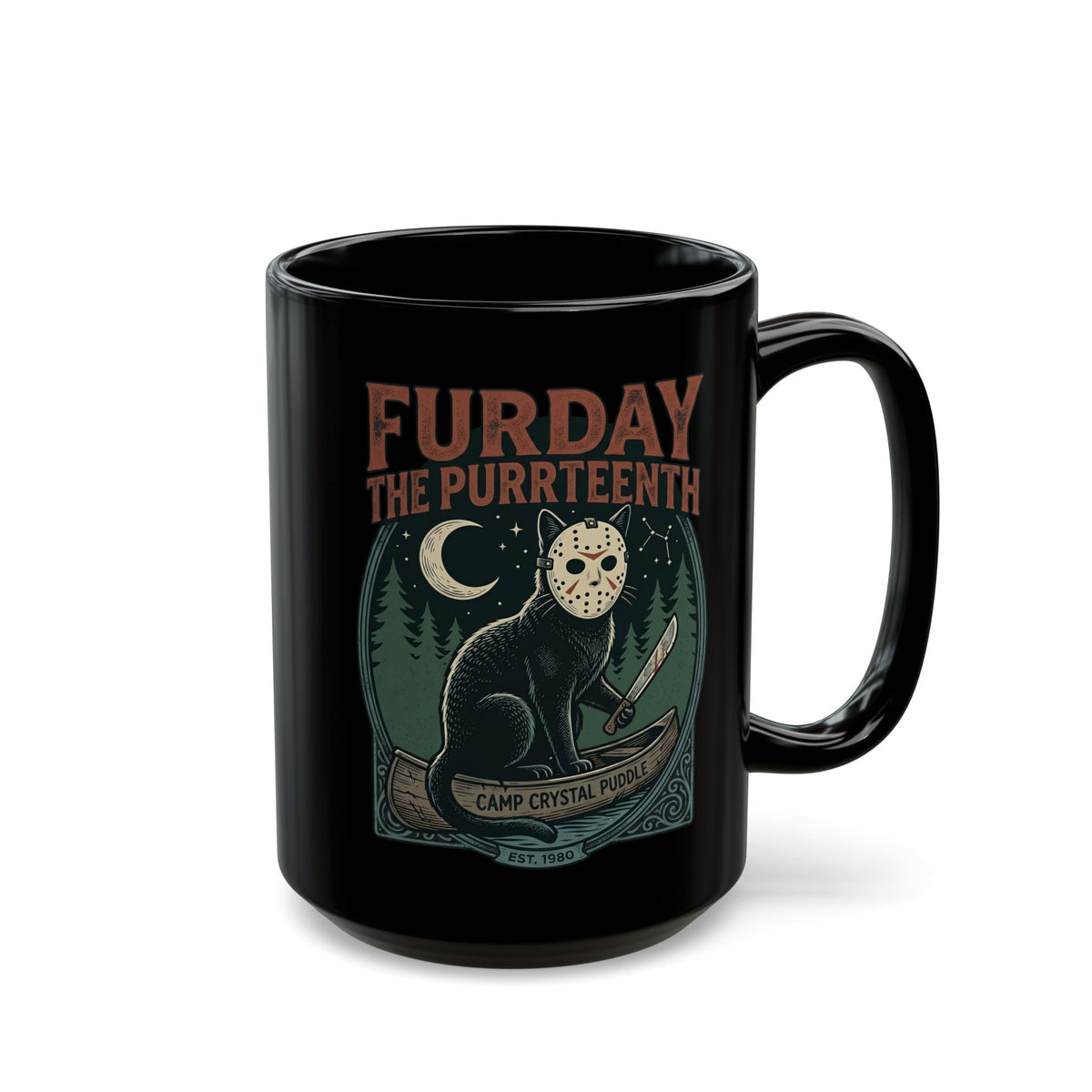 Horror Cat "Furday the Purrteenth" Black Mug