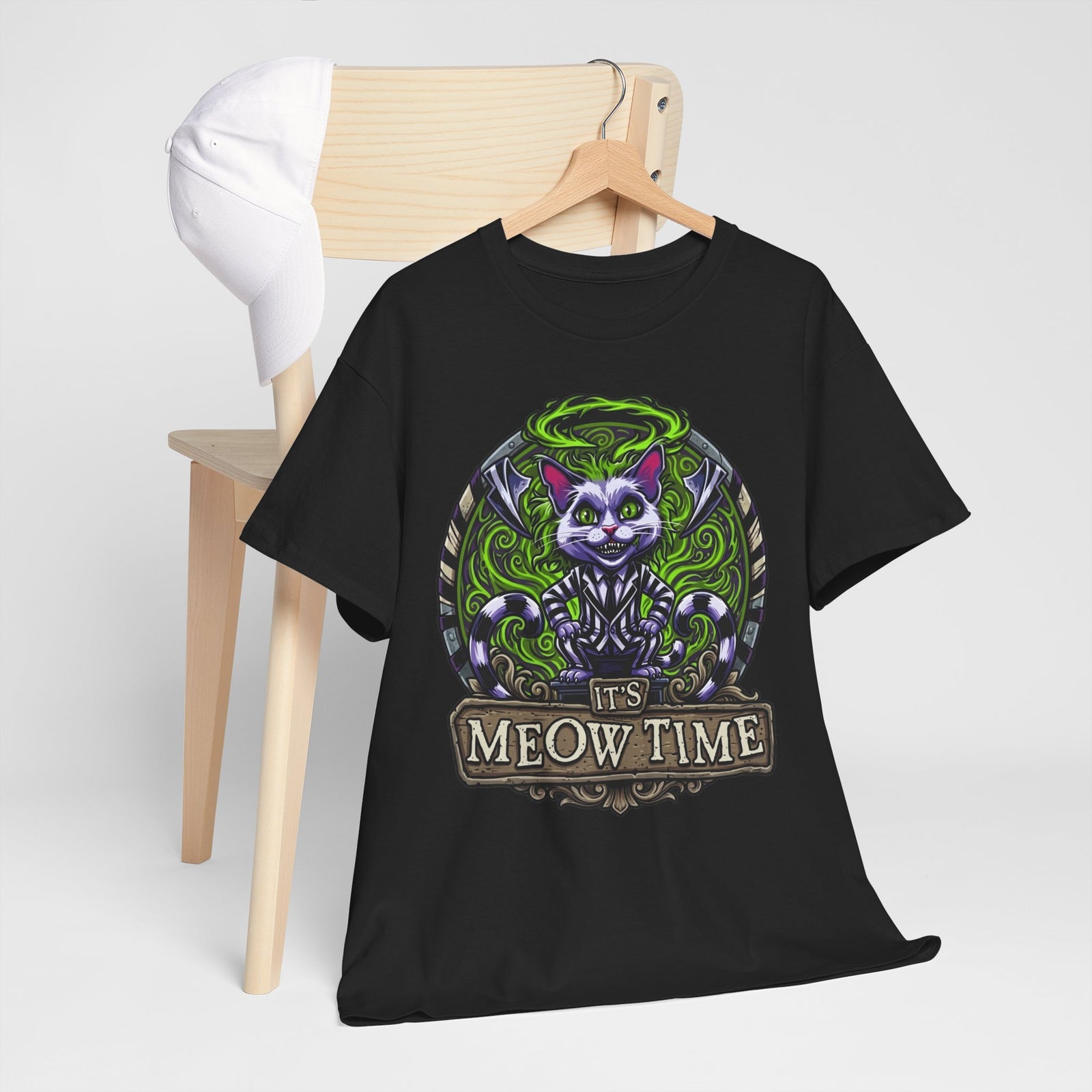 It's Meow Time Cat T‑Shirt — Gothic Neon Halloween Cat Graphic Tee