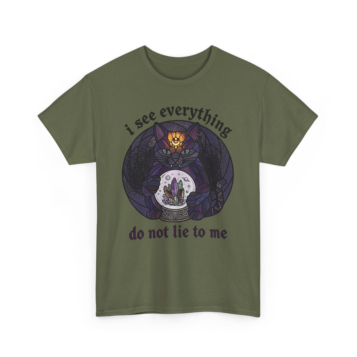 Mystic Fortune Teller Cat T-Shirt "I See Everything" Stained Glass Spiritual Kitten