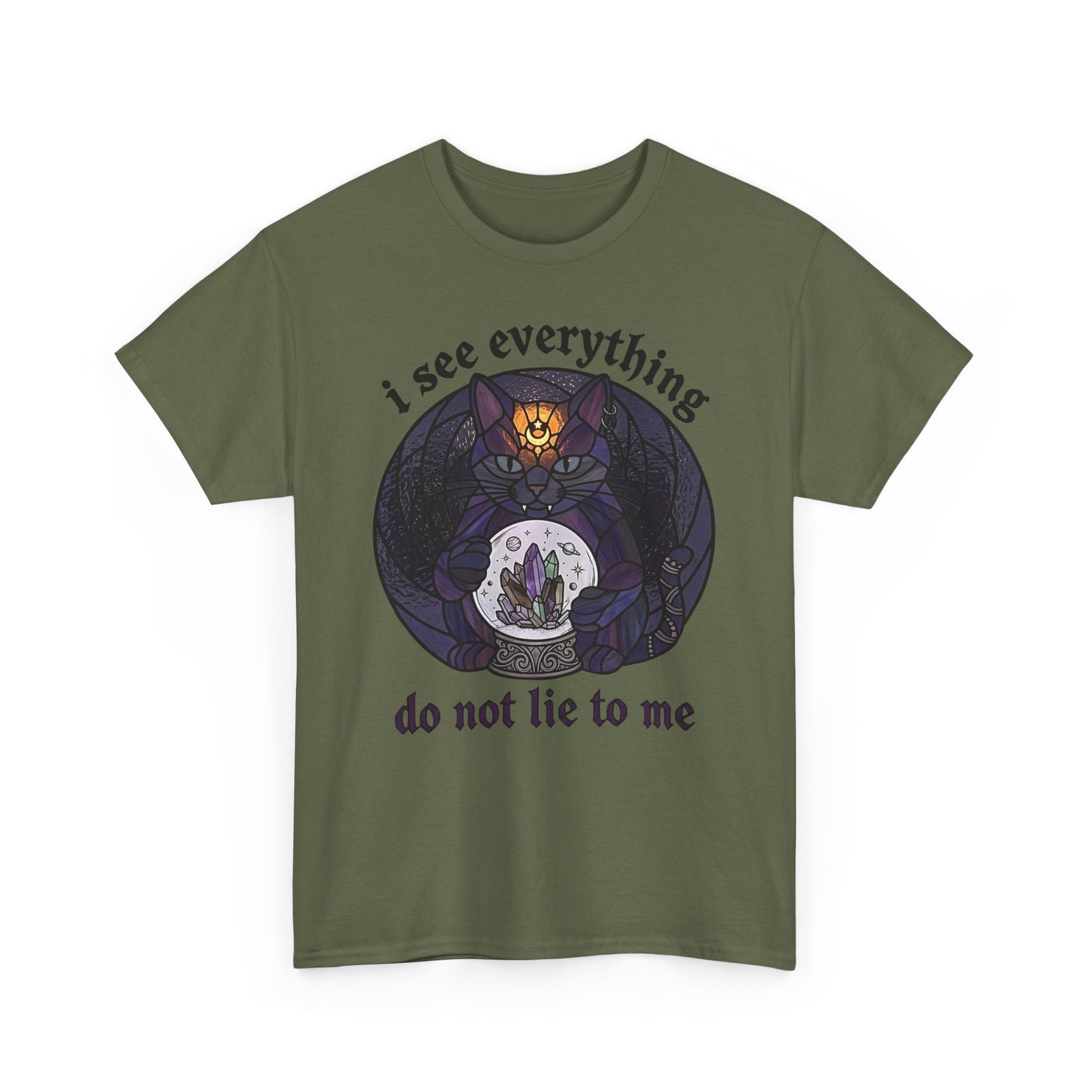 Mystic Fortune Teller Cat T-Shirt "I See Everything" Stained Glass Spiritual Kitten