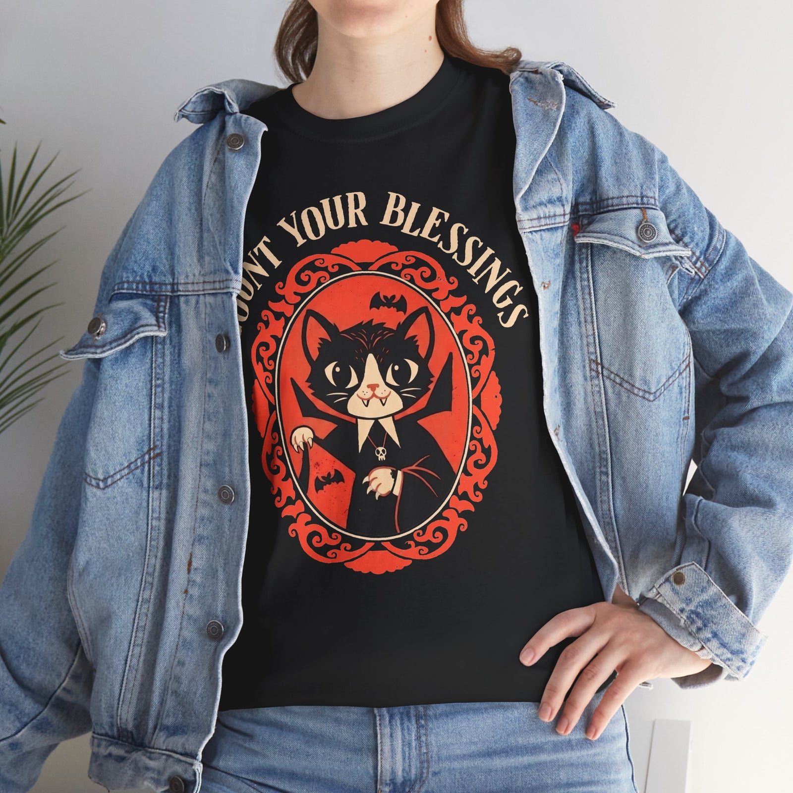 Count Your Blessings Vampire Cat — Funny Dracula Halloween Graphic Art