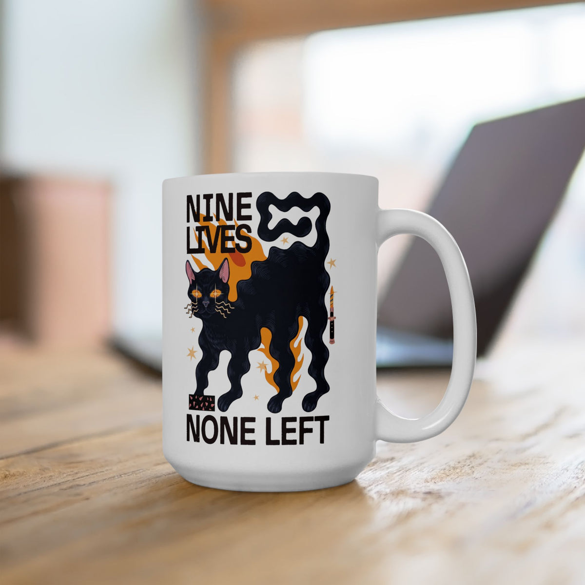 Nine Lives None Left Ceramic Mug — Edgy Spooky Black Cat Graphic Mug