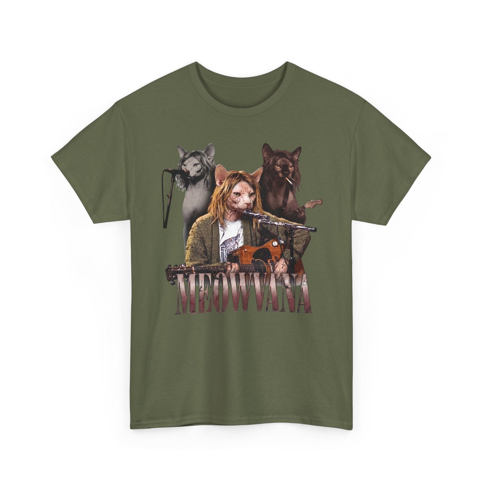 Meowvana Grunge Cat Band T-Shirt — Funny 90s Rock Sphynx Cat Tee