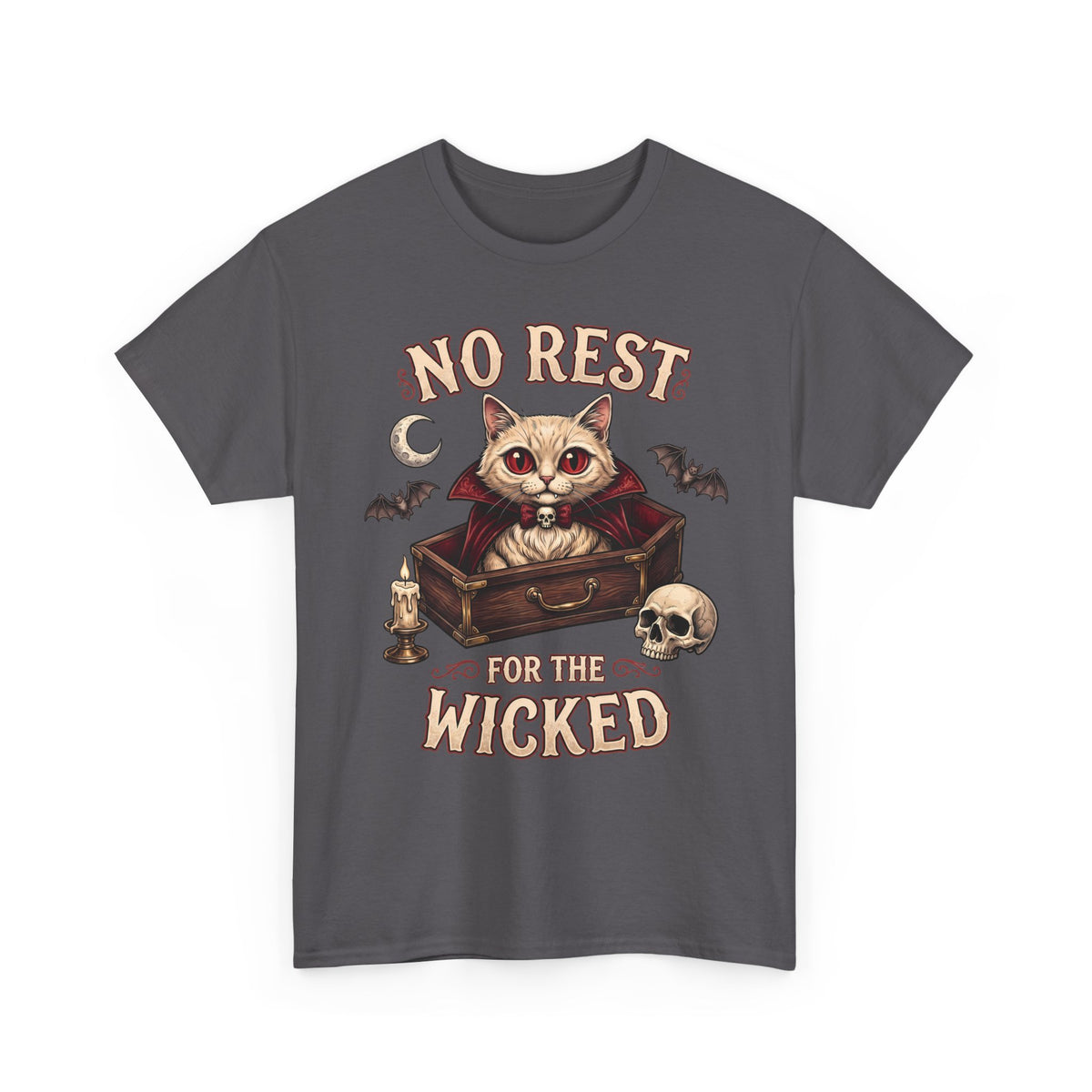 No Rest For The Wicked Vampire Cat Coffin Shirt — Gothic Halloween Tee