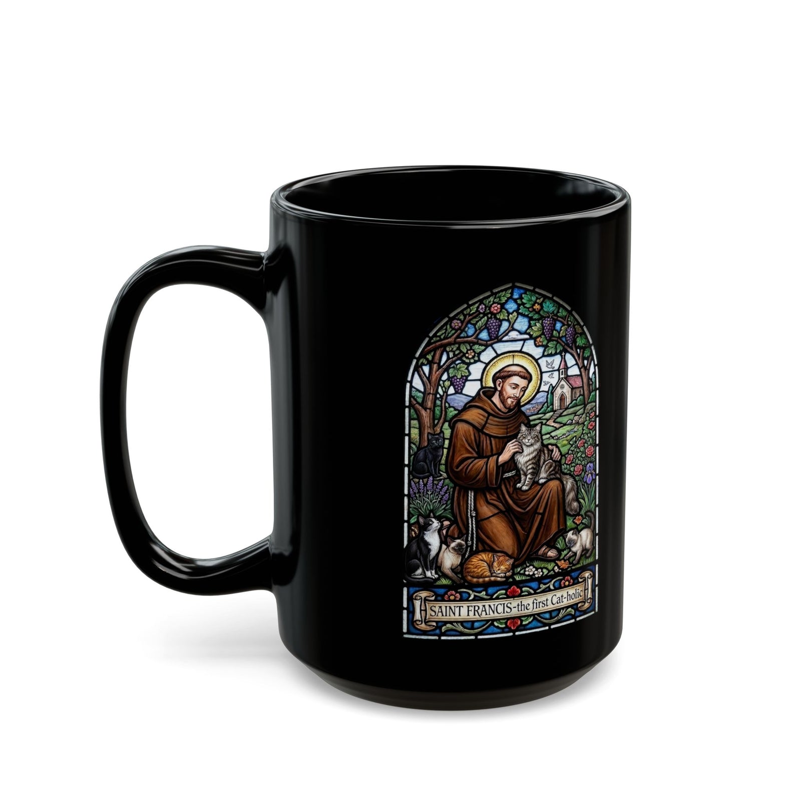 Saint Francis Cat Black Mug — "SAINT FRANCIS — the first Cat-holic"