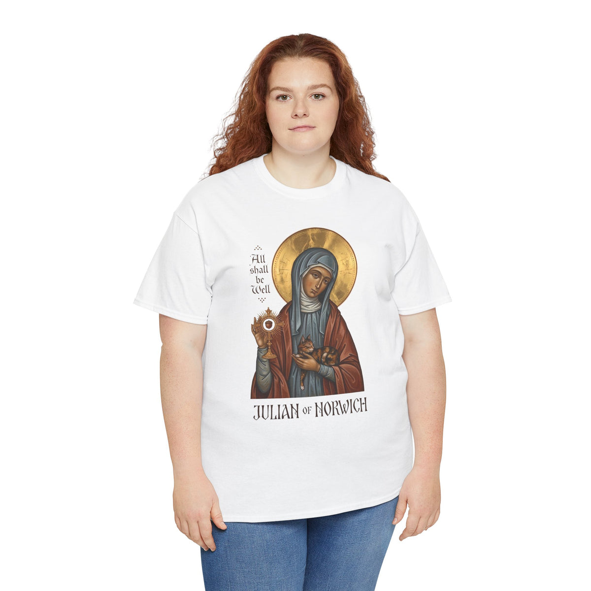 Julian of Norwich & Cat T-Shirt — Spiritual Saint Tee for Cat Lovers