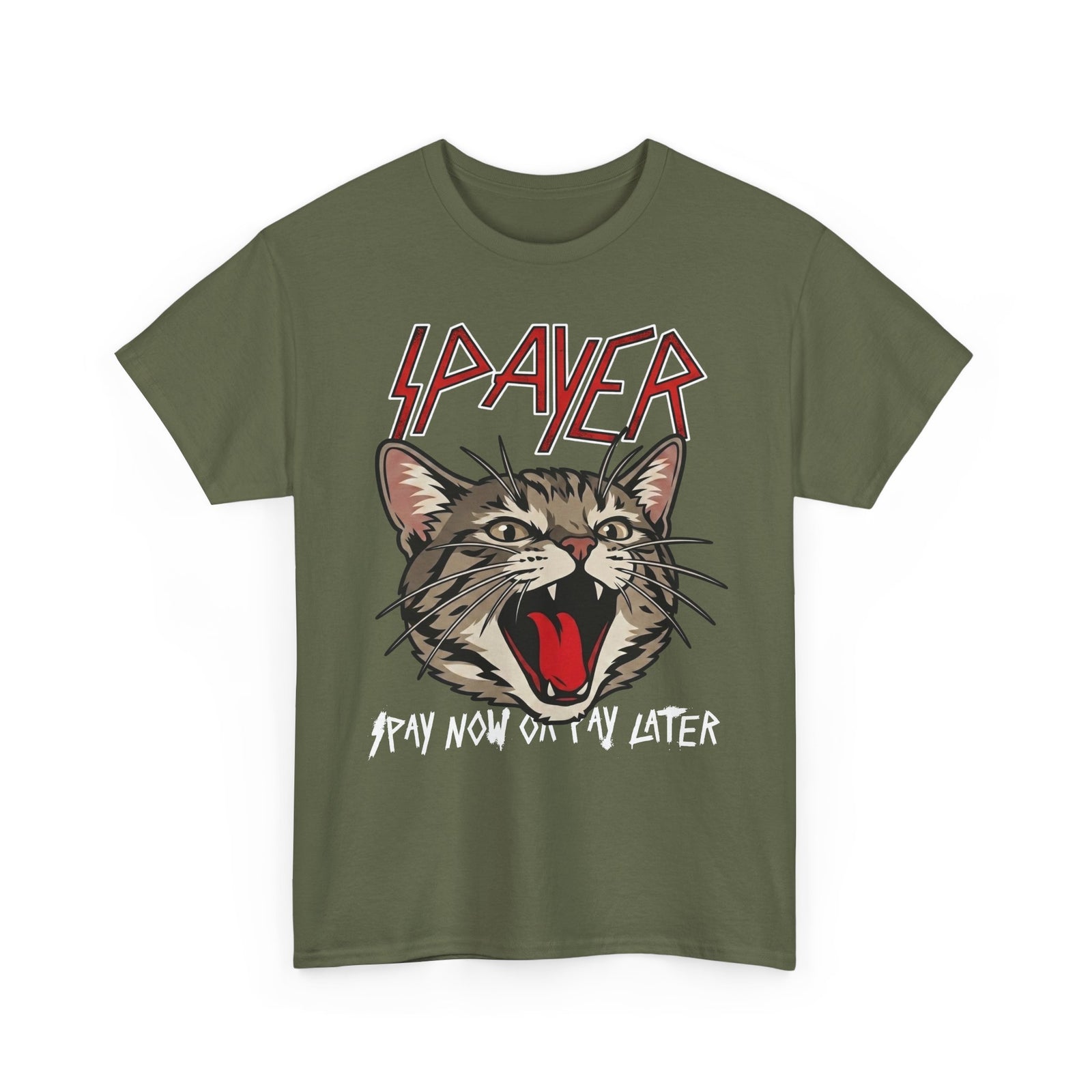 Slayer Cat Graphic Tee — "Pray Now Or Pay Later" Rock Band Style T-Shirt