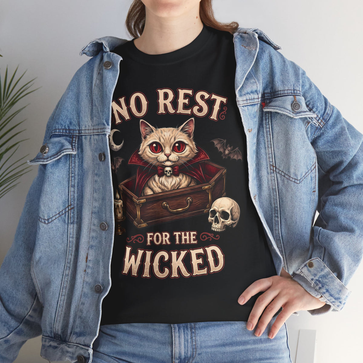 No Rest For The Wicked Vampire Cat Coffin Shirt — Gothic Halloween Tee